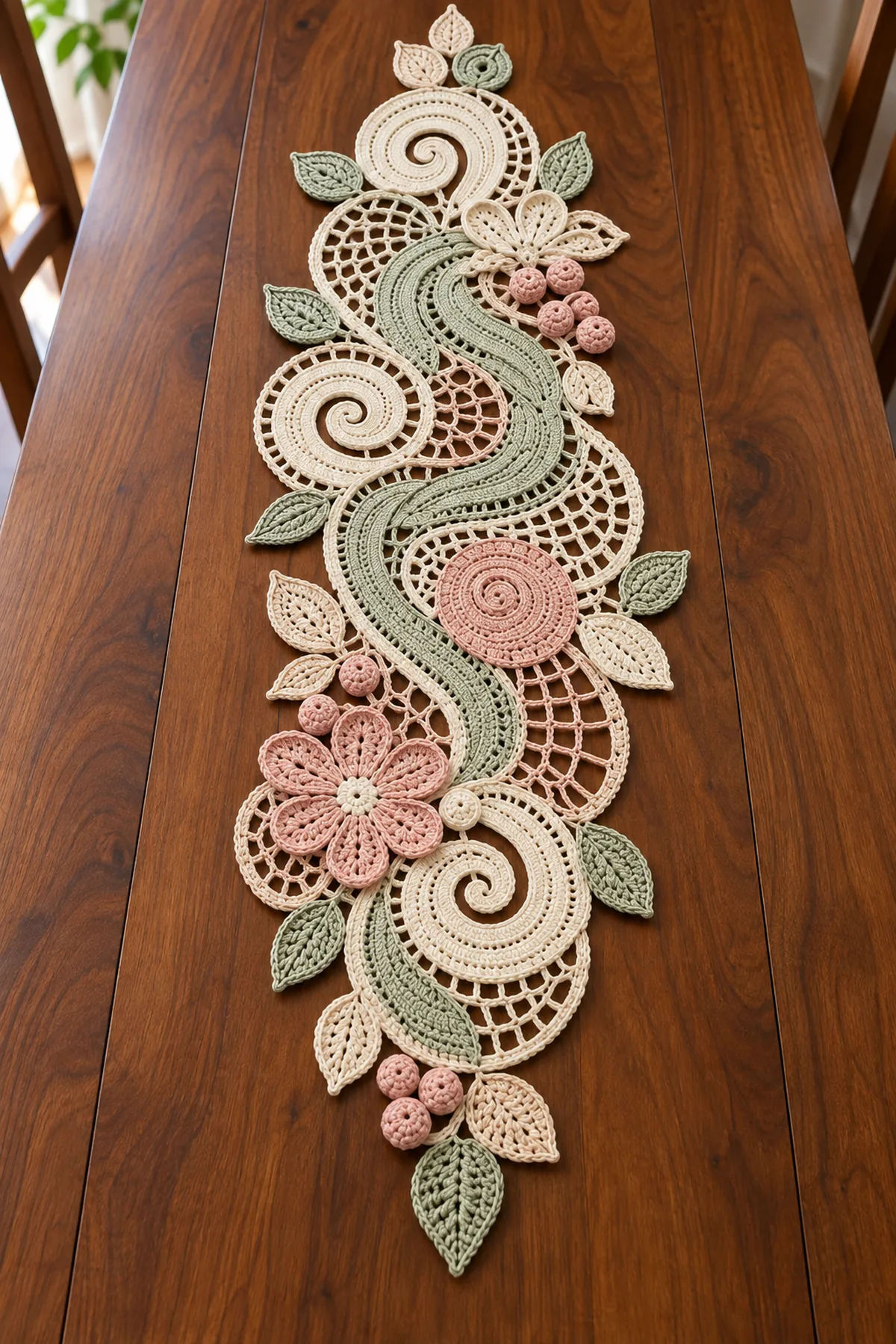 Irish lace floral scroll table runner with three ivory spirals sage ribbon two soft flowers leaves and berries
