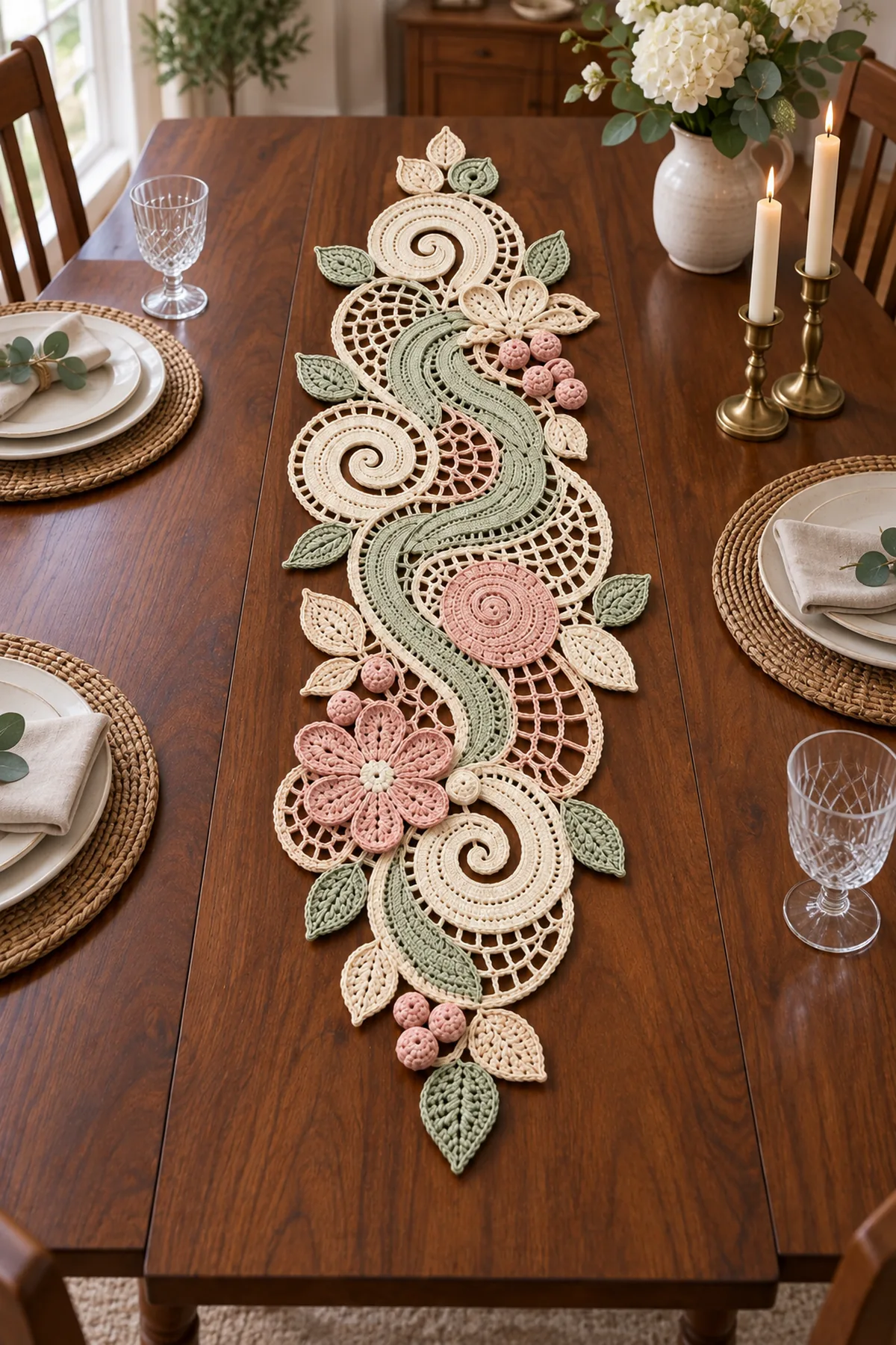 Finished Irish lace floral scroll crochet table runner on a warm wooden dining table