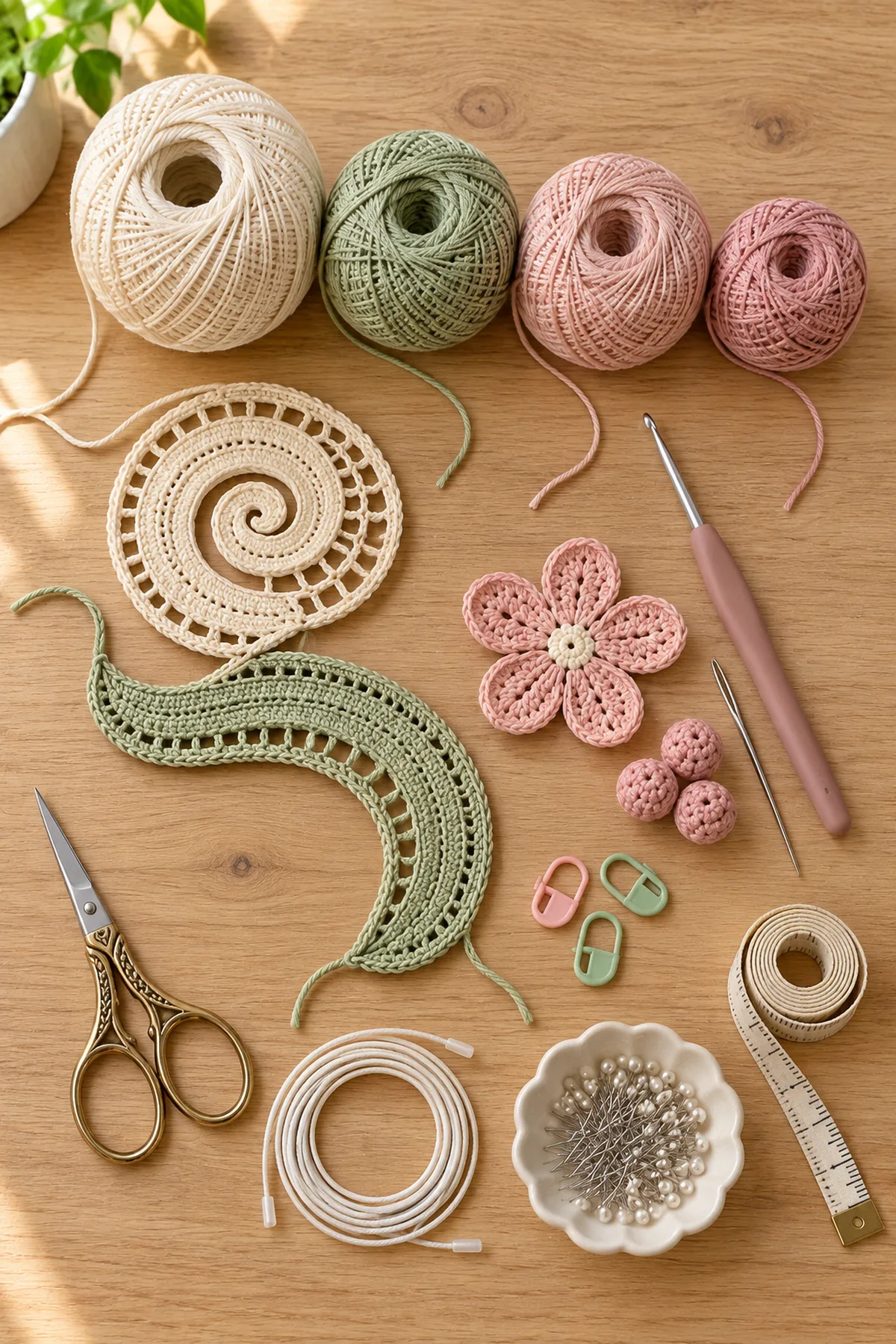 Ivory sage blush and dusty rose cotton yarn with crochet hook markers and blocking tools