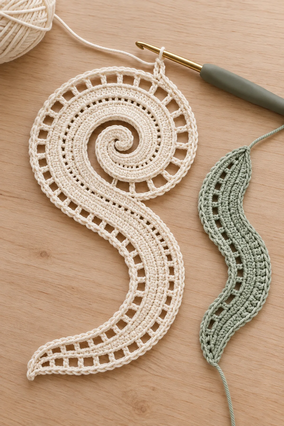 Ivory crochet spiral scroll and shaped sage ribbon section in progress