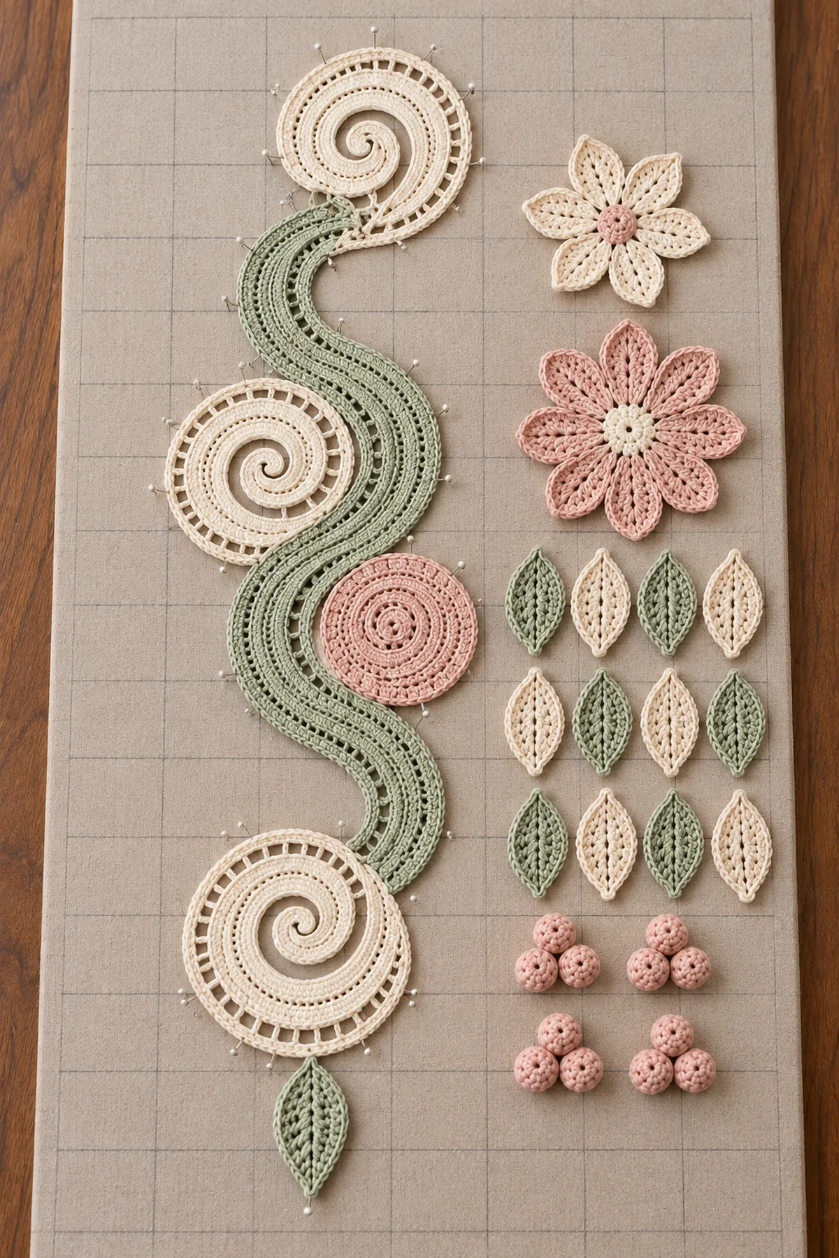 Three ivory scrolls blush coin and continuous sage S-ribbon pinned before Irish mesh joining