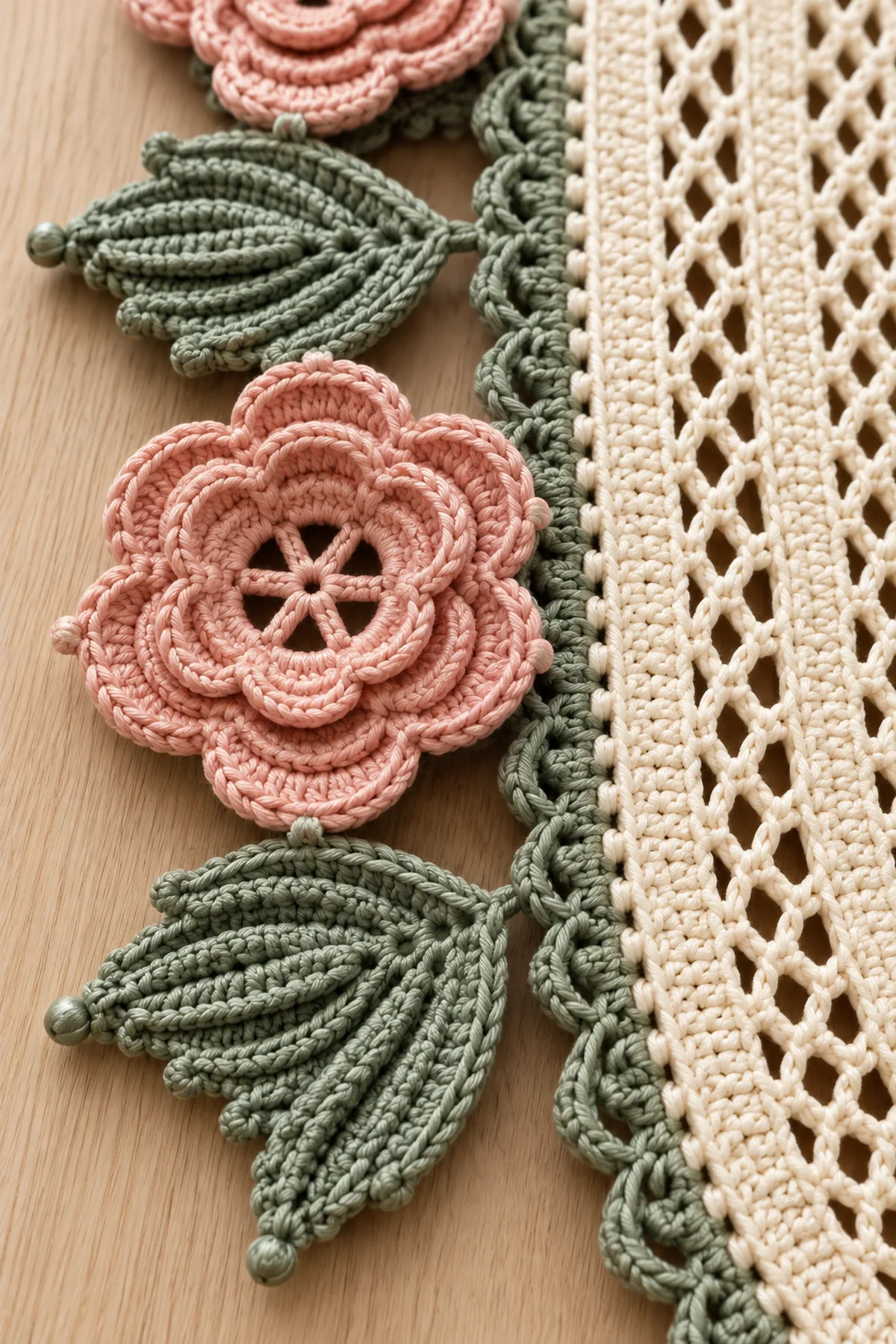 Close view of ivory diamond filet sage scallops layered blush rose petals and ribbed leaf veins