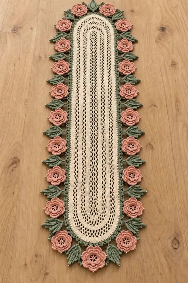 Long ivory oval filet crochet table runner framed by twenty-one blush Irish roses and sage leaves