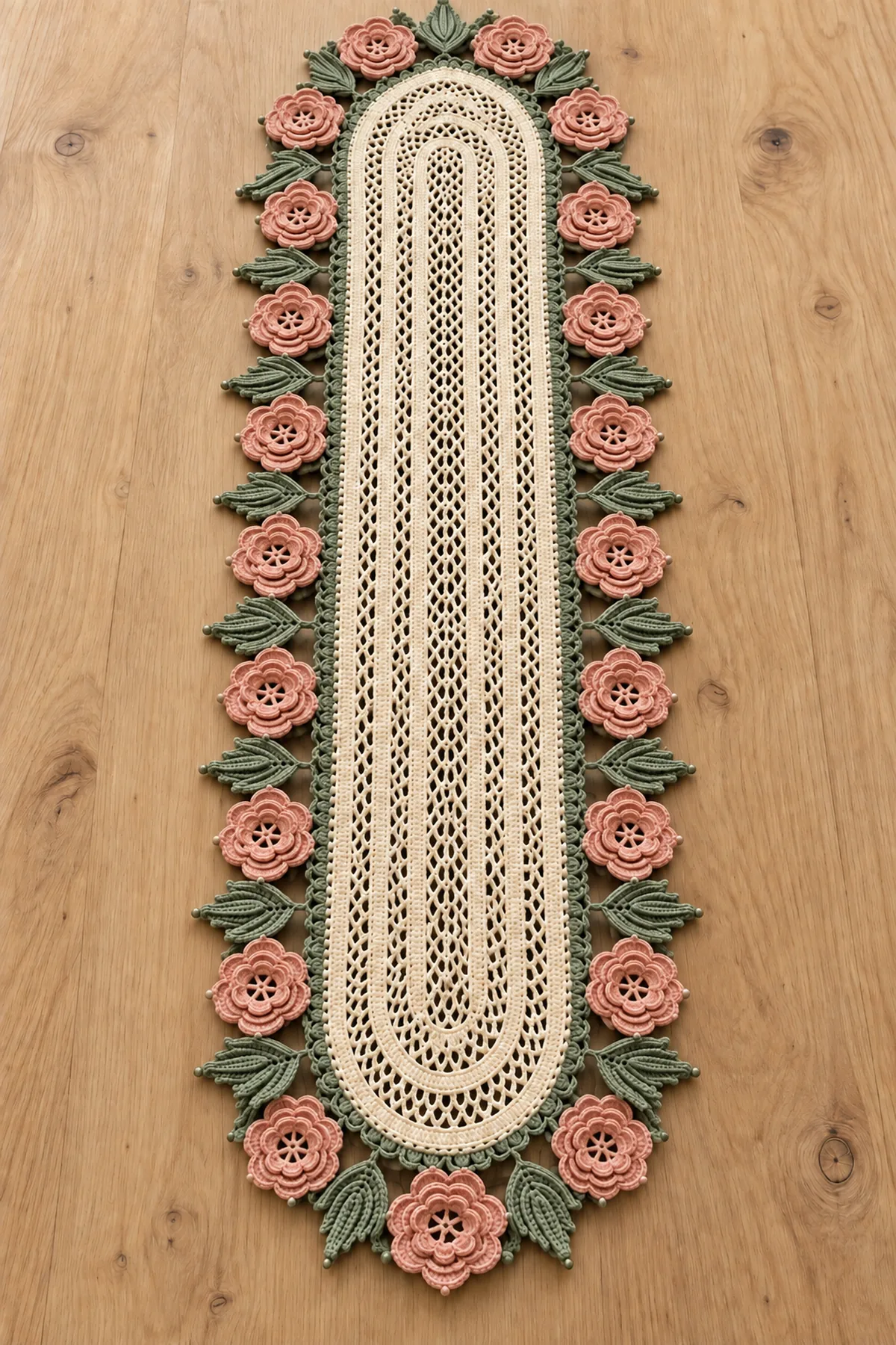 Long ivory oval filet crochet table runner framed by twenty-one blush Irish roses and sage leaves