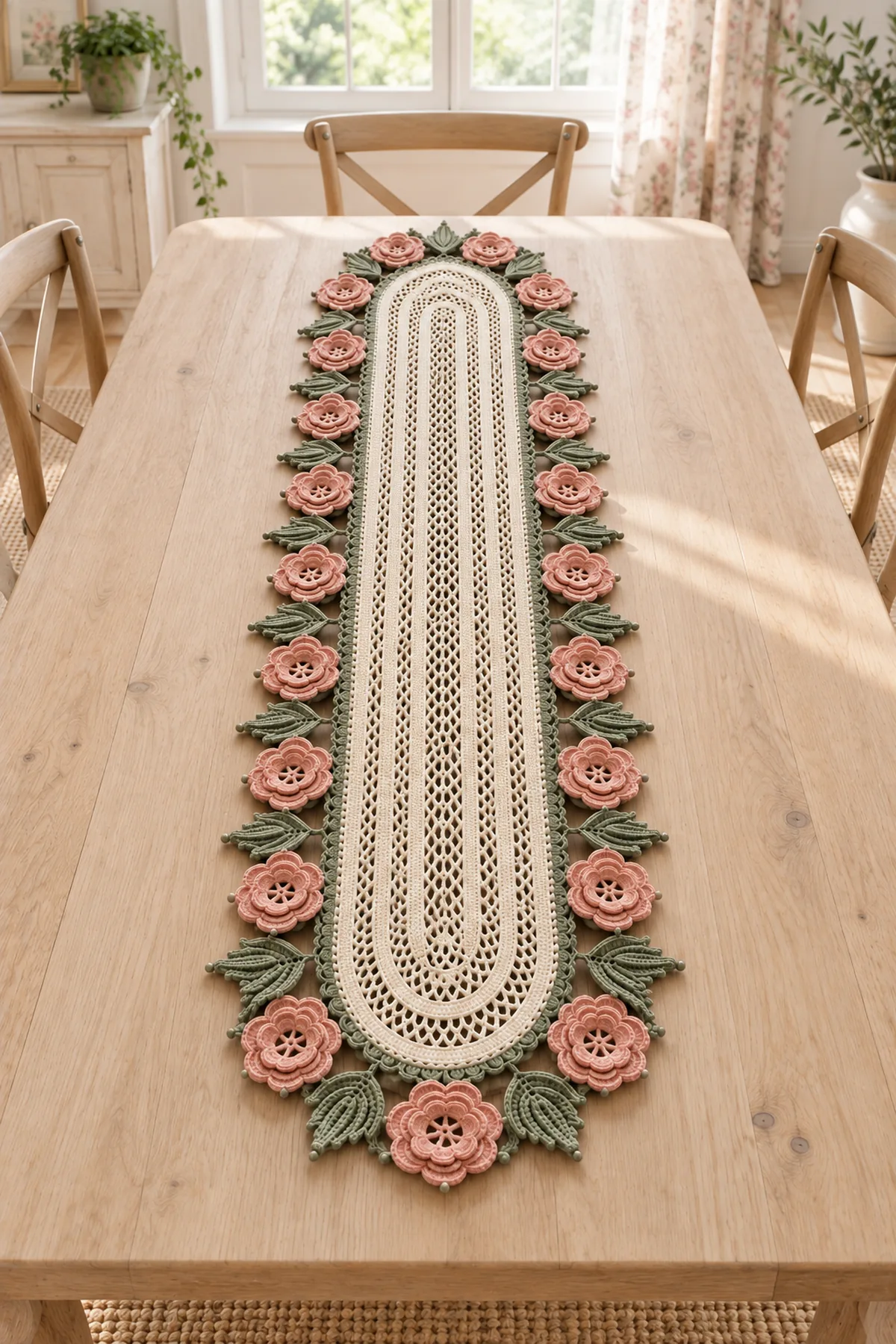 Finished Irish rose oval crochet table runner displayed lengthwise on a pale wooden dining table