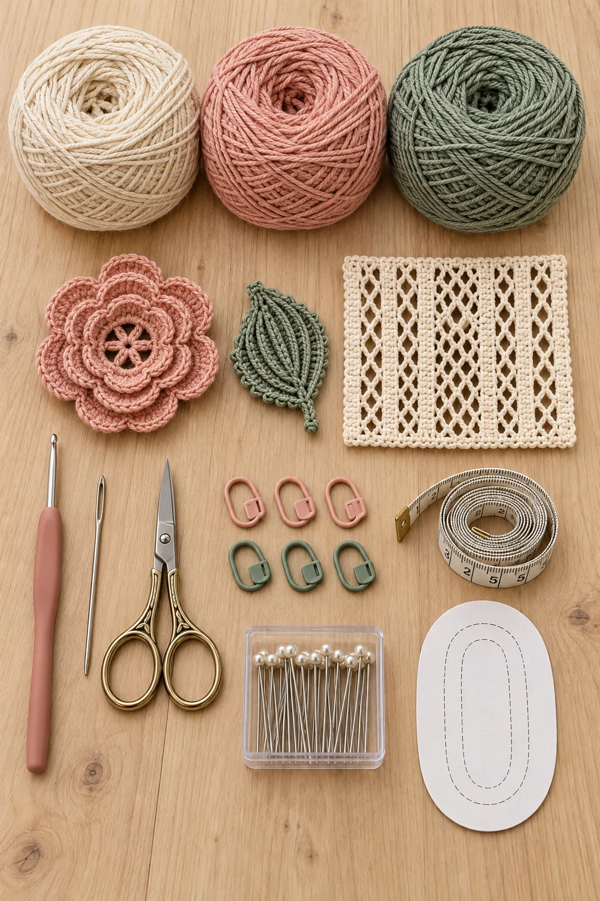 Ivory dusty blush and muted sage cotton with hook markers needle scissors and blocking tools