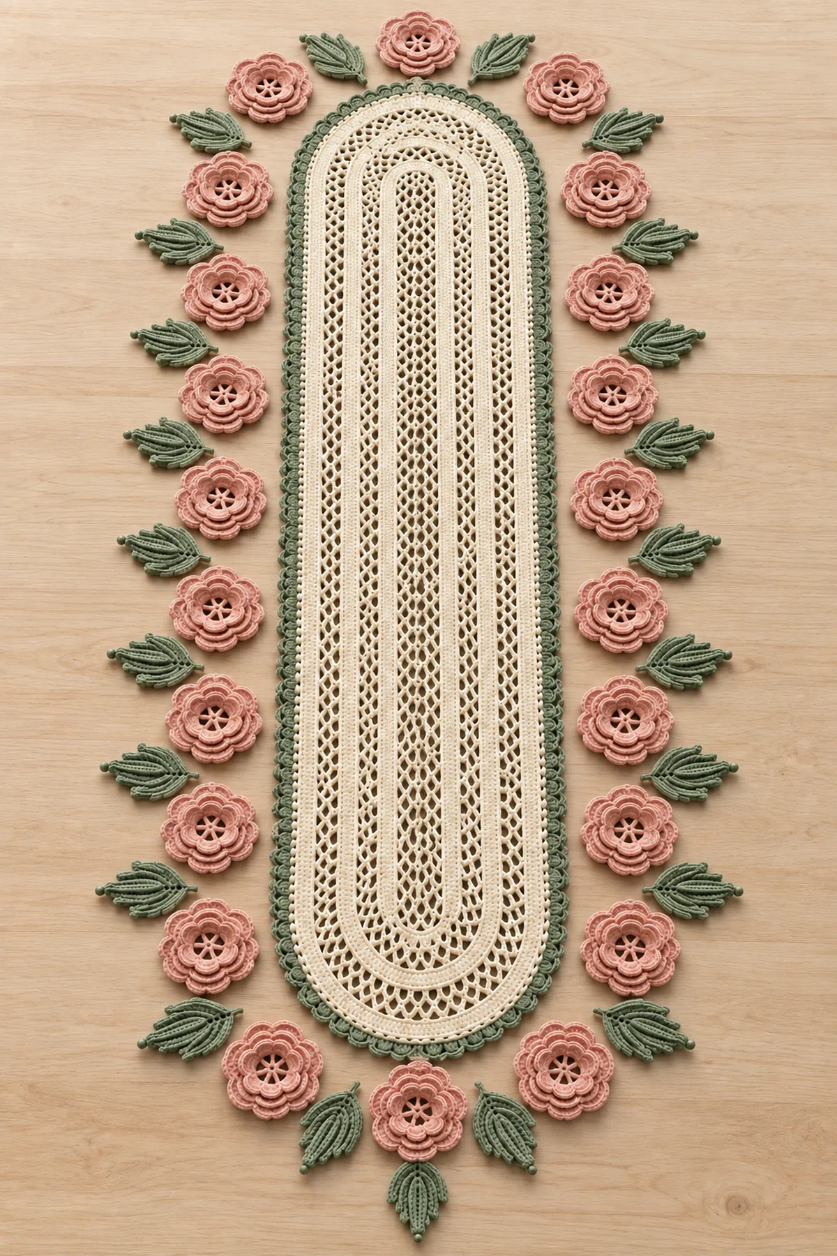 Twenty-one layered blush Irish roses and twenty-two sage leaves arranged around the blocked oval center