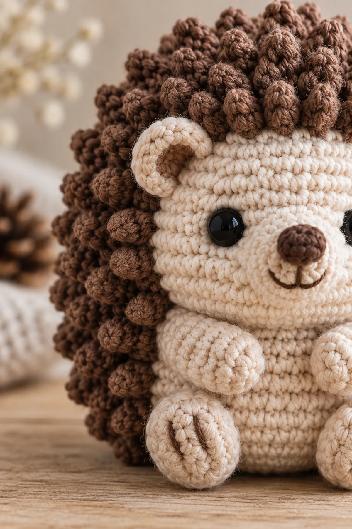 Close-up of the stitch texture and finishing details on mini crochet hedgehog amigurumi