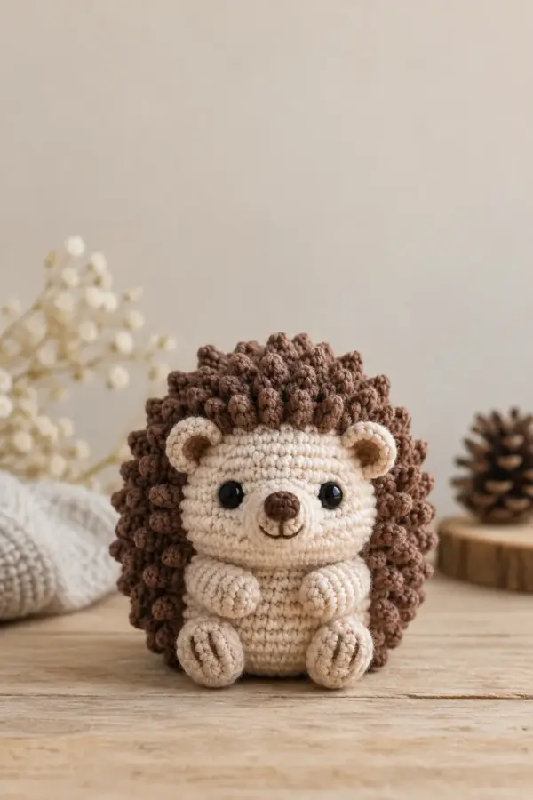 Finished mini crochet hedgehog amigurumi displayed with a clean handmade finish