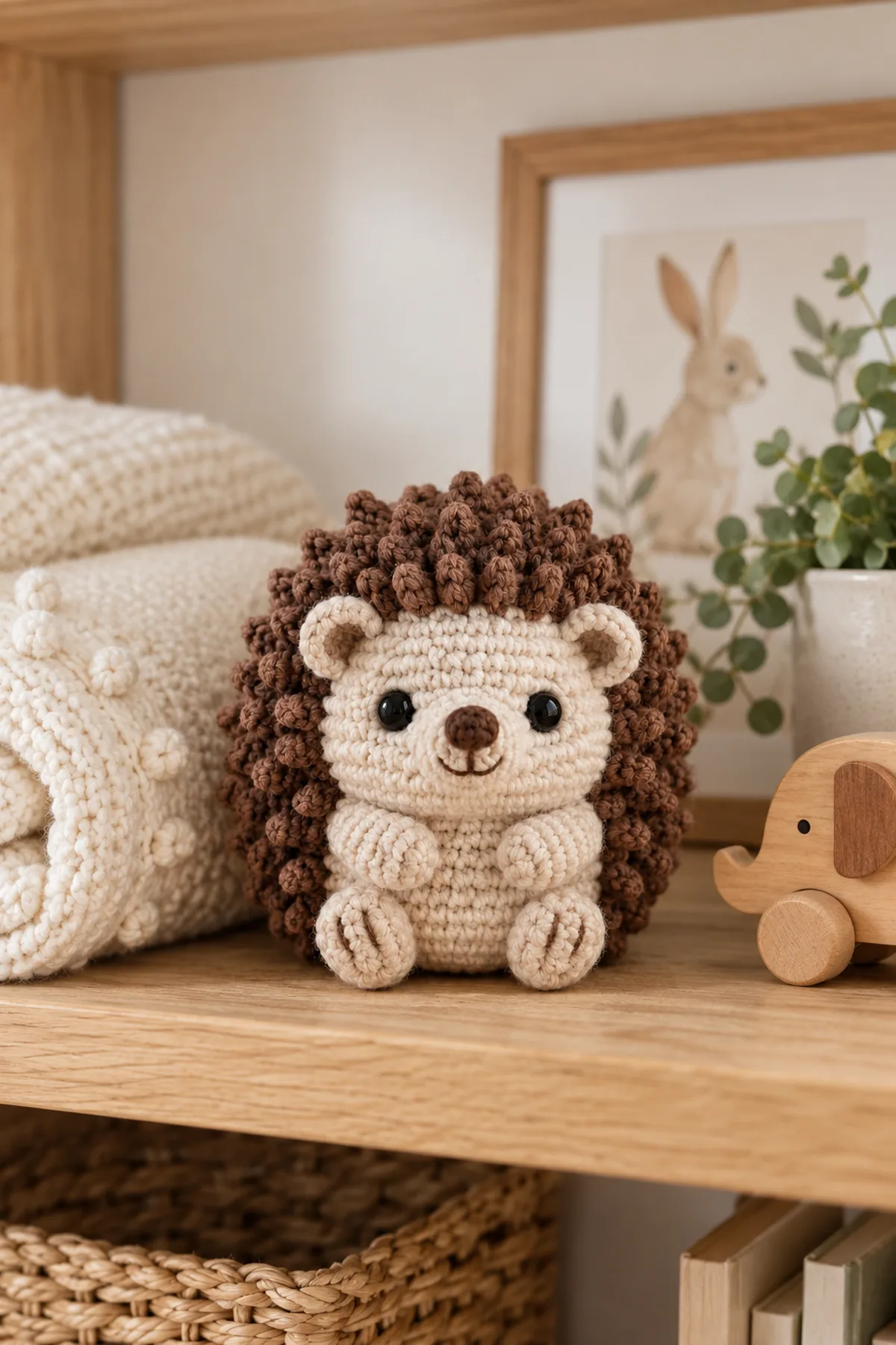 Finished mini crochet hedgehog amigurumi styled in a bright natural setting