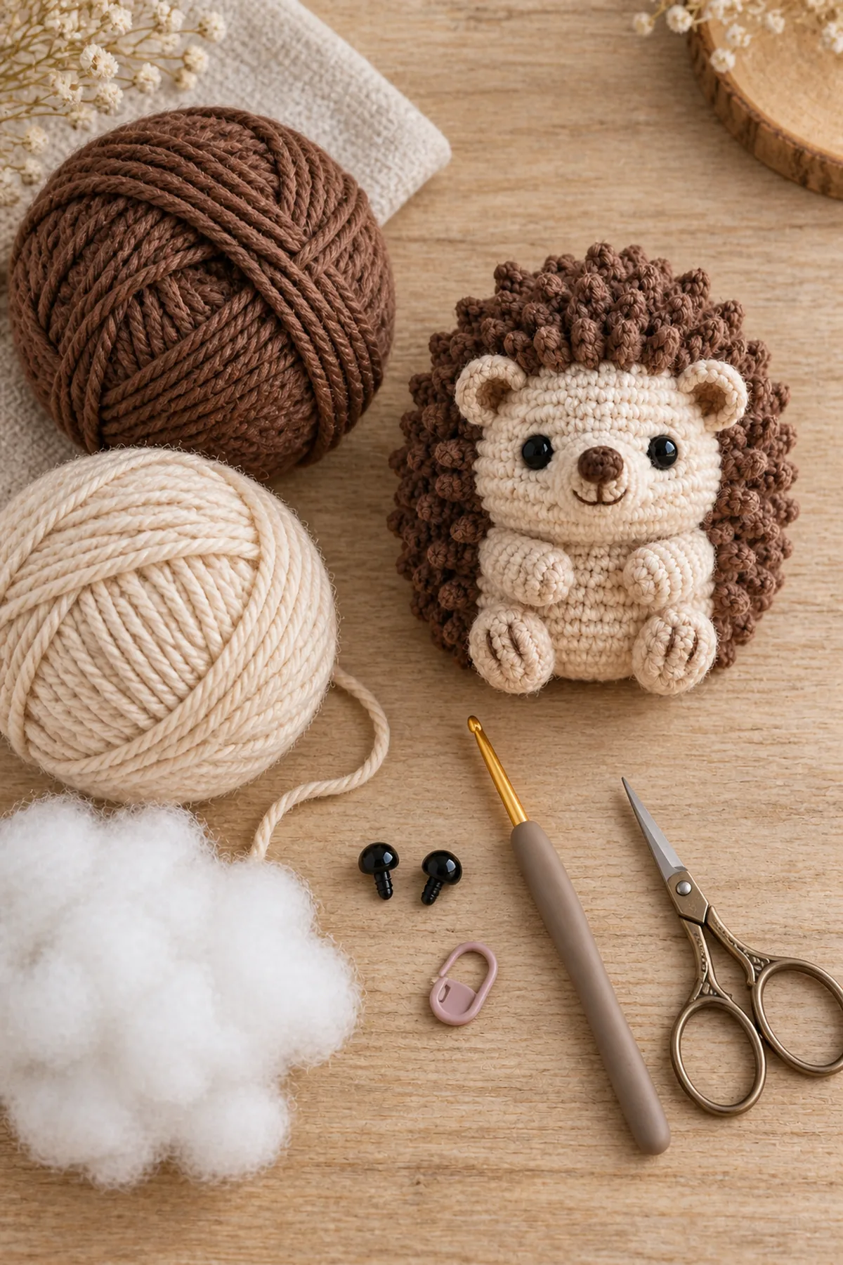 Yarn, crochet hook, stitch markers, yarn needle, tape measure, and scissors for mini crochet hedgehog amigurumi