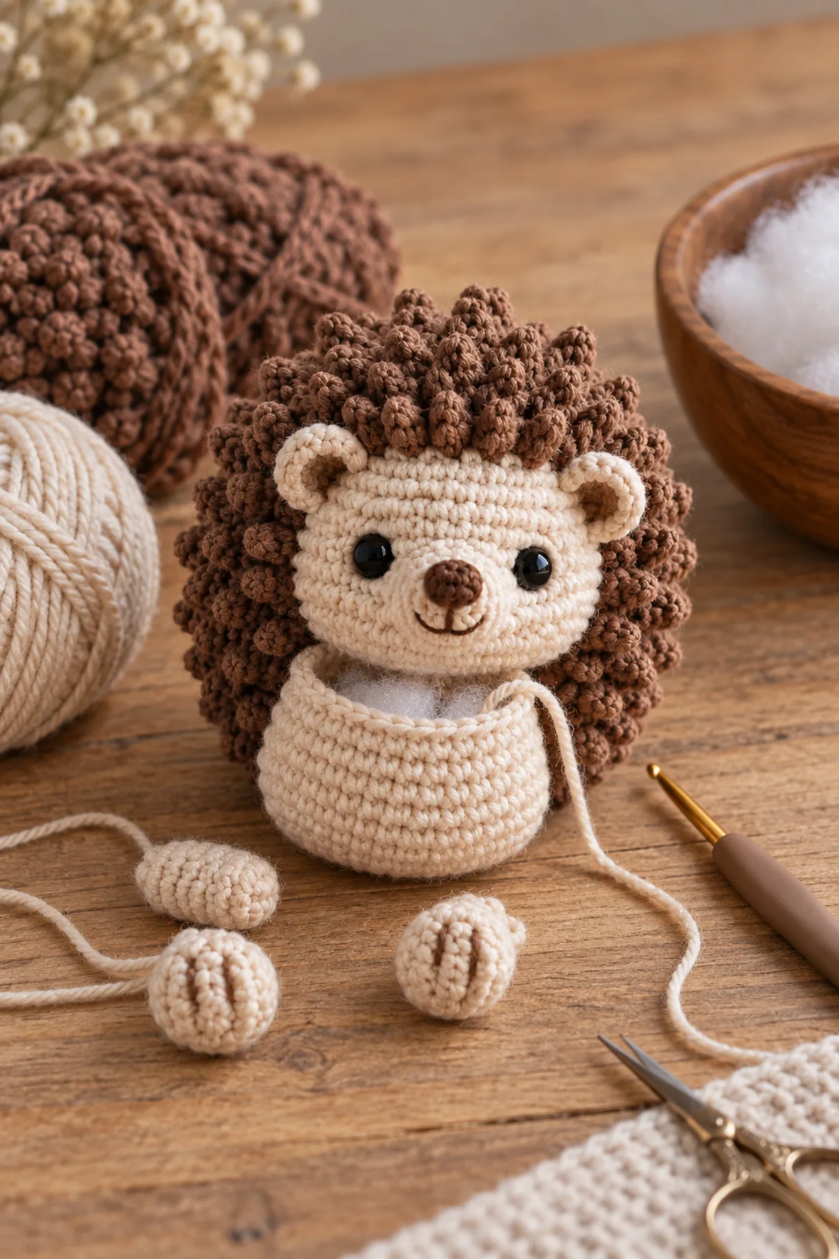 Early crochet construction stage for mini crochet hedgehog amigurumi with working yarn and hook