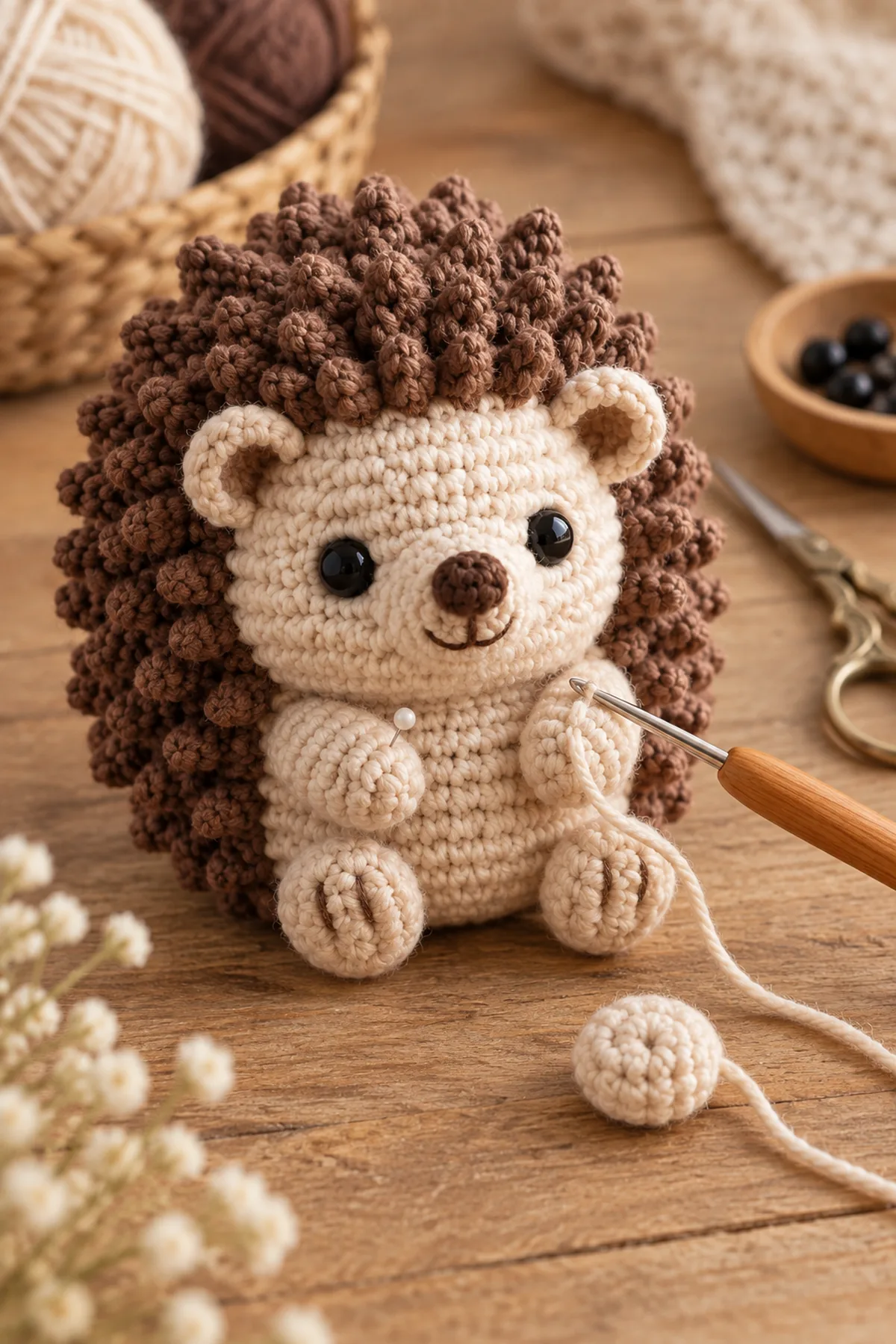Mid-process crochet construction and shaping for mini crochet hedgehog amigurumi