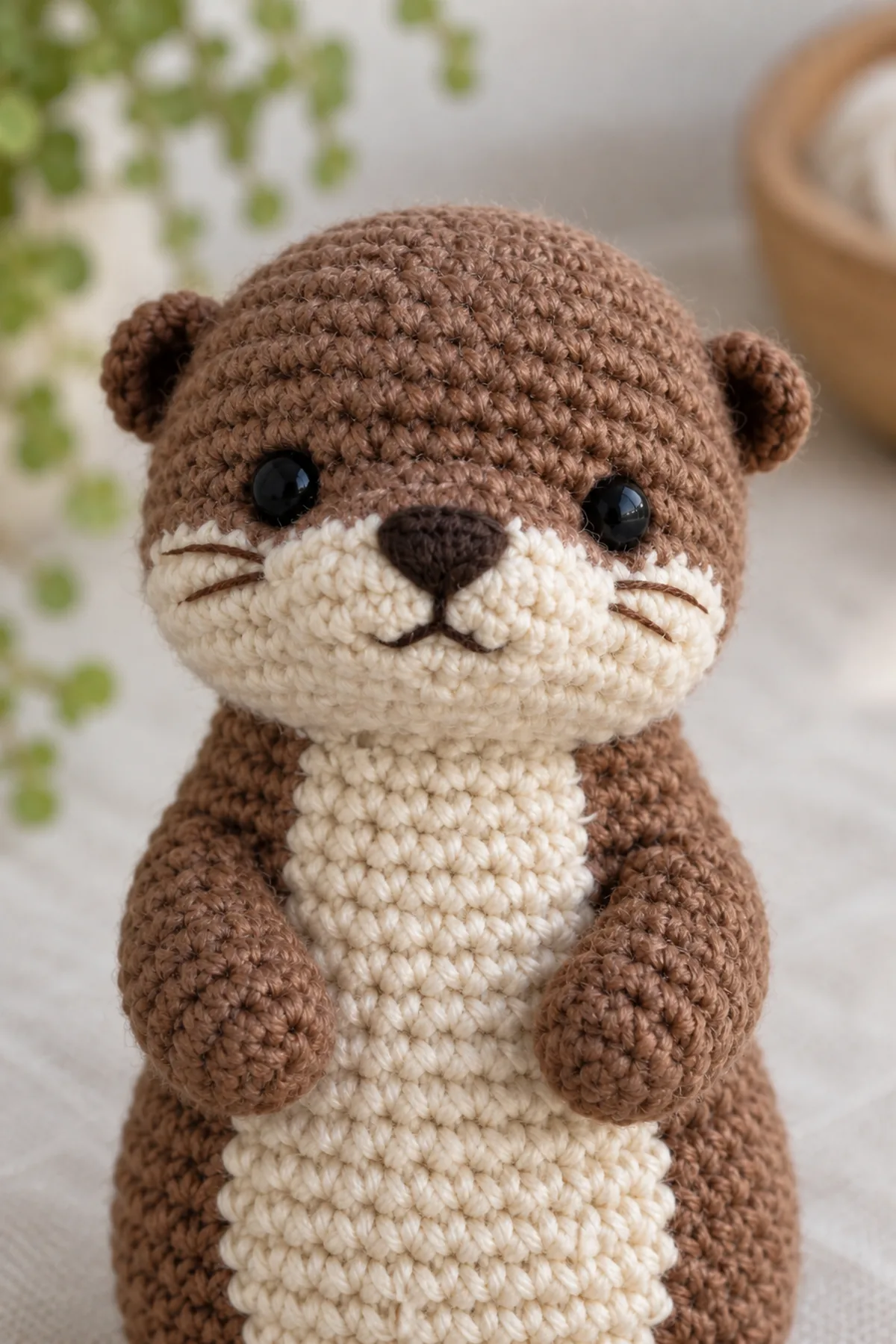 Close-up of stitch texture and finishing details on mini crochet otter amigurumi