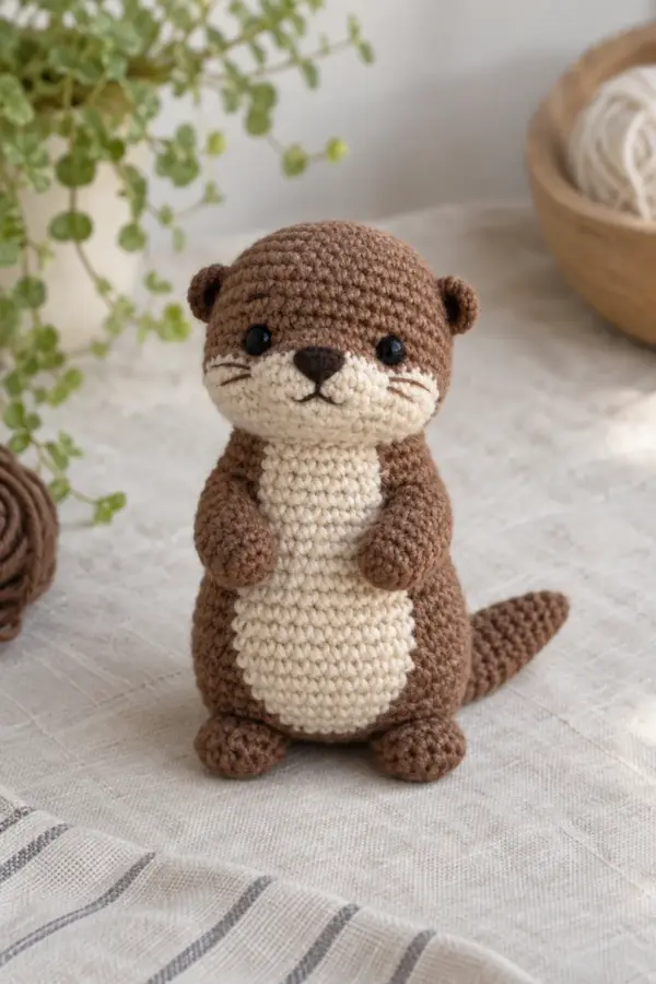 Finished mini crochet otter amigurumi displayed with a clean handmade finish