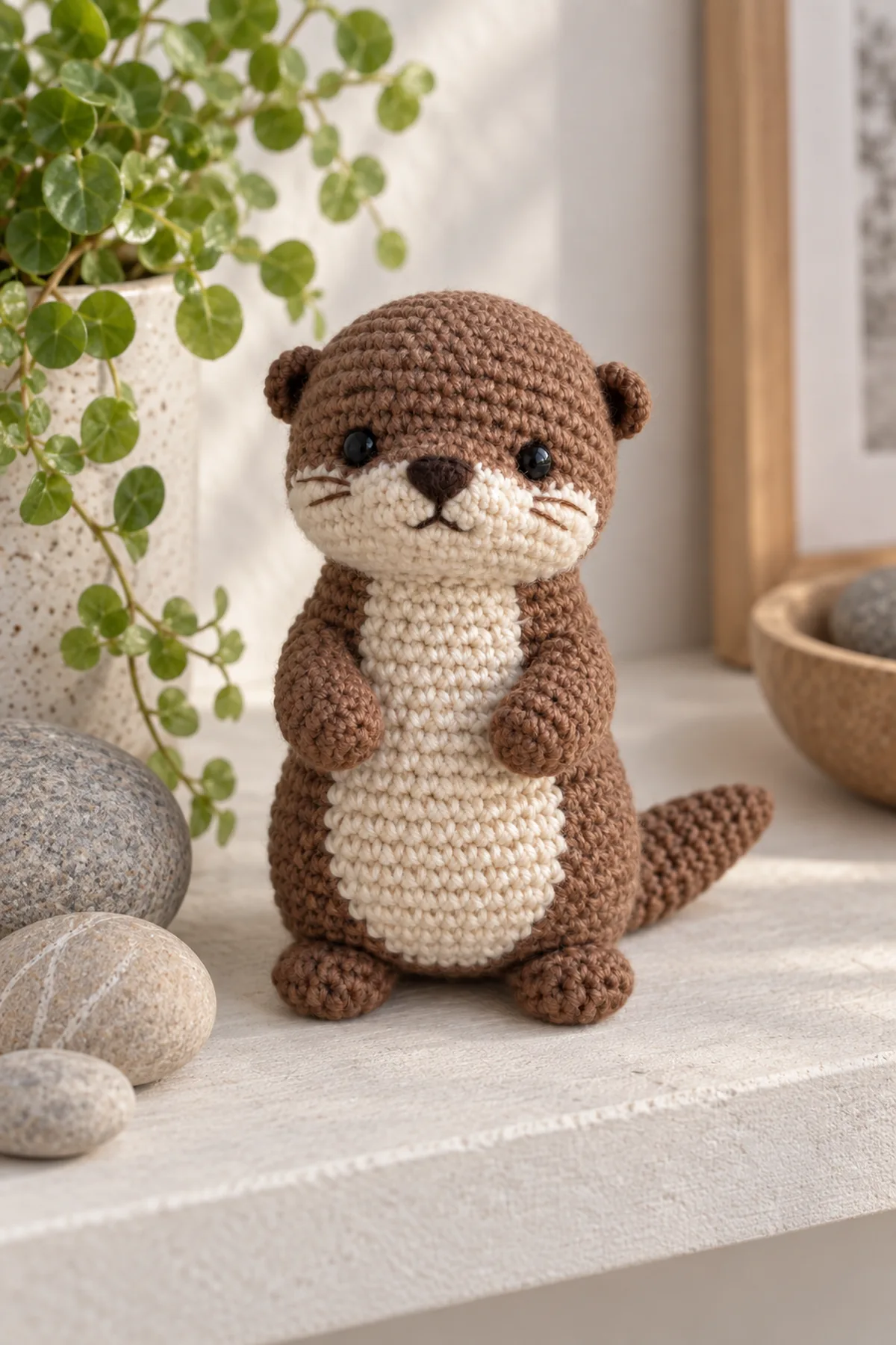 Finished mini crochet otter amigurumi styled in a bright natural setting