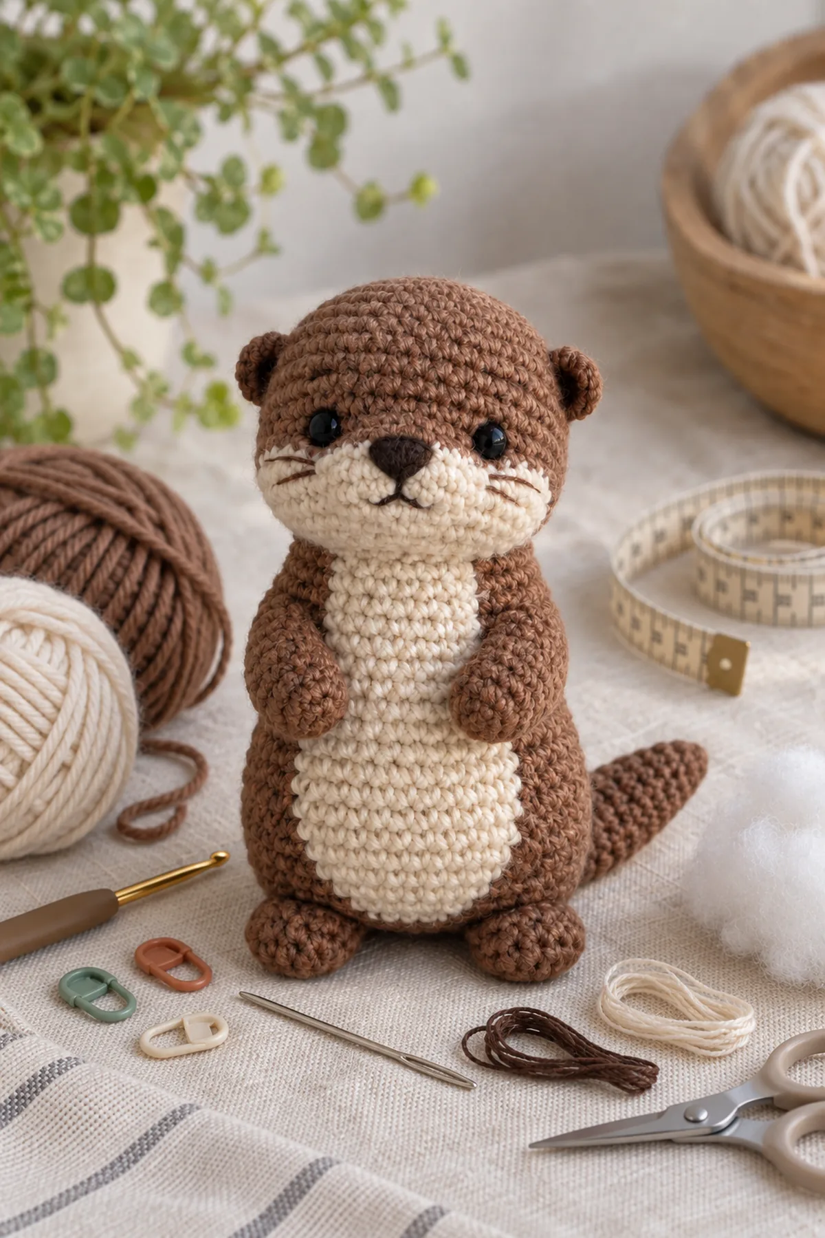 Materials for mini crochet otter amigurumi including yarn, crochet hook, markers, needle, tape measure, and scissors
