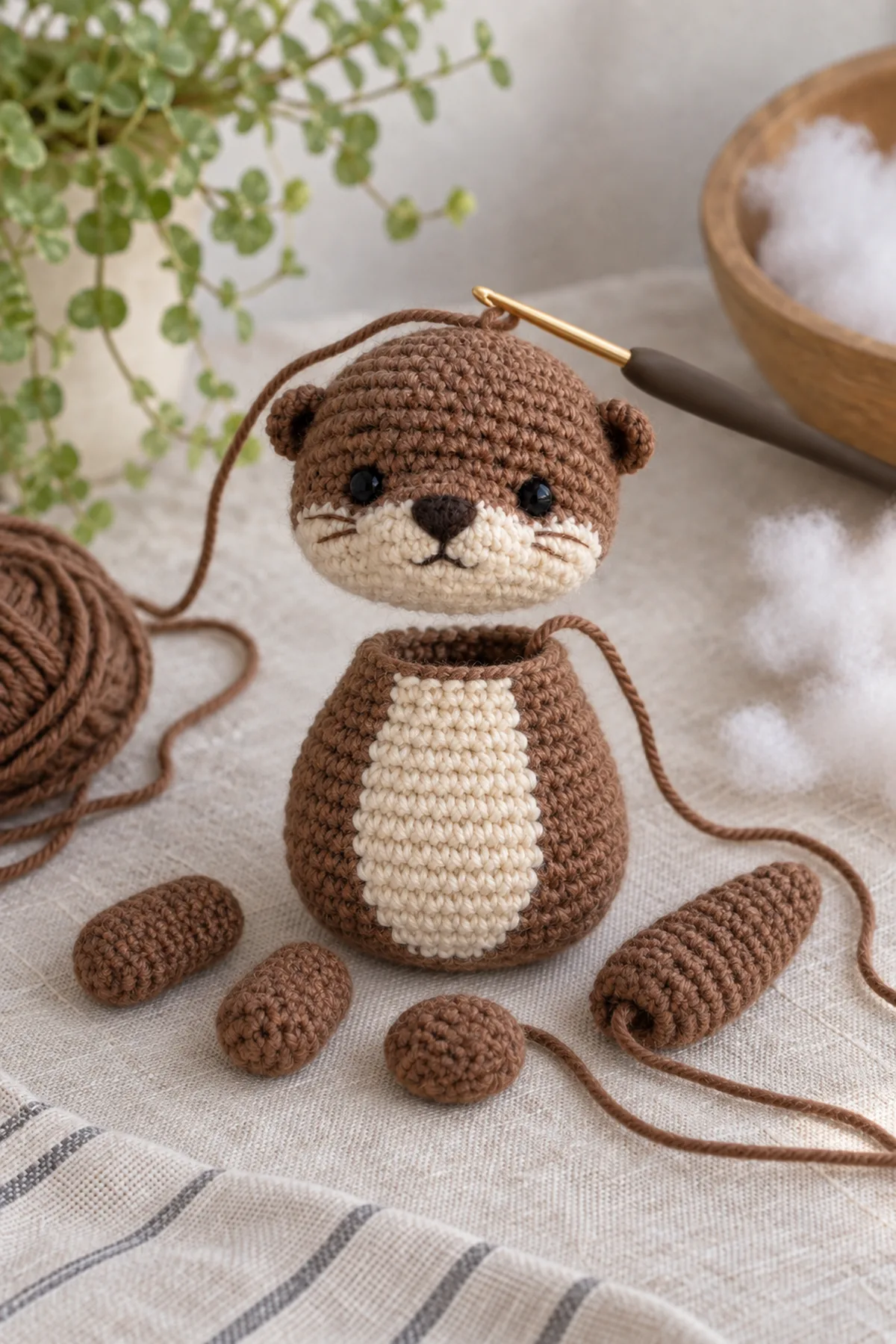 Early crochet construction stage for mini crochet otter amigurumi with working yarn and hook