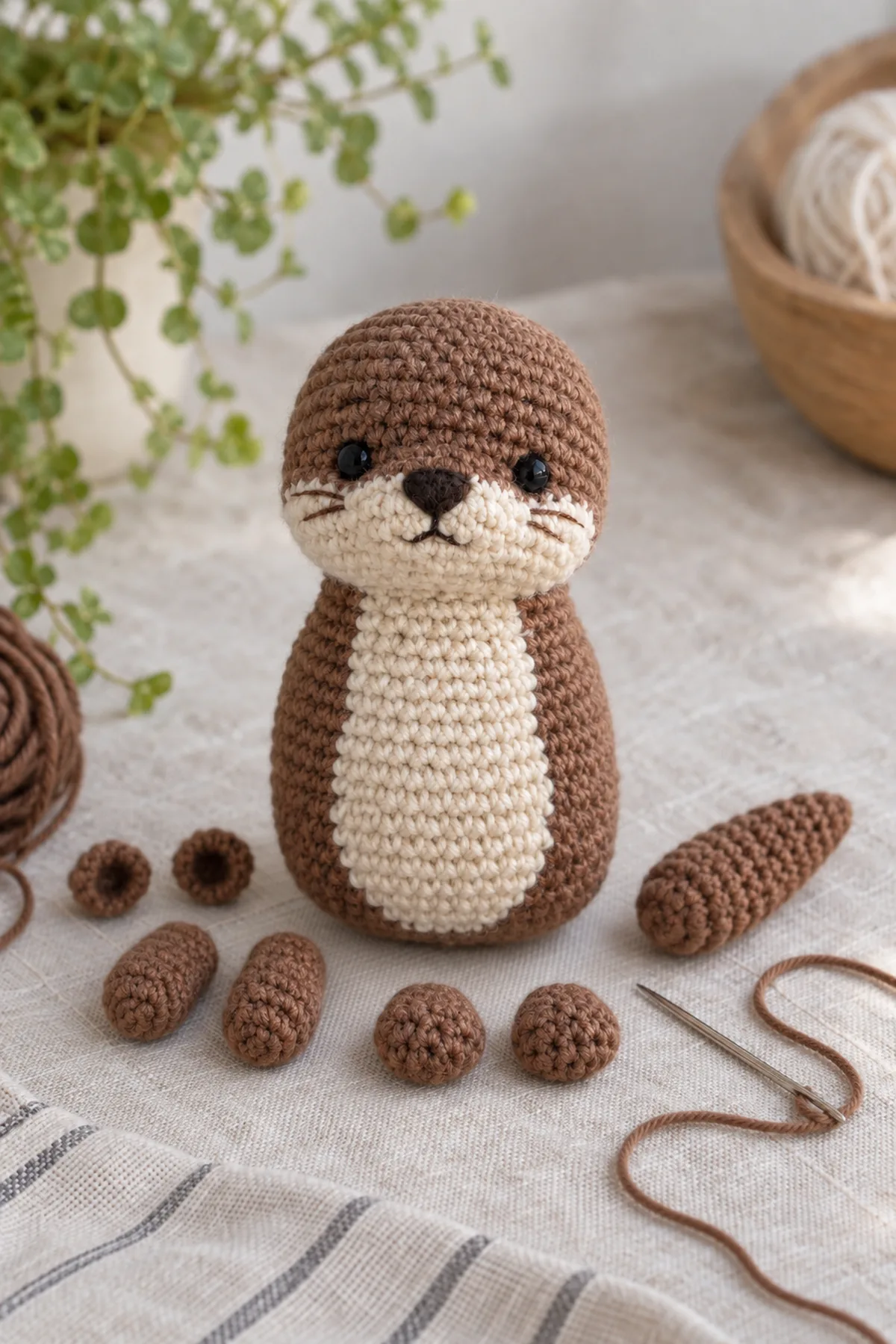 Mid-process crochet construction and shaping for mini crochet otter amigurumi