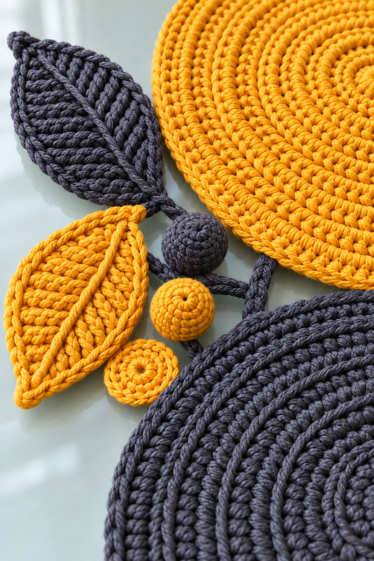 Close view of concentric crochet rounds ribbed leaves small coin motifs and raised bobbles