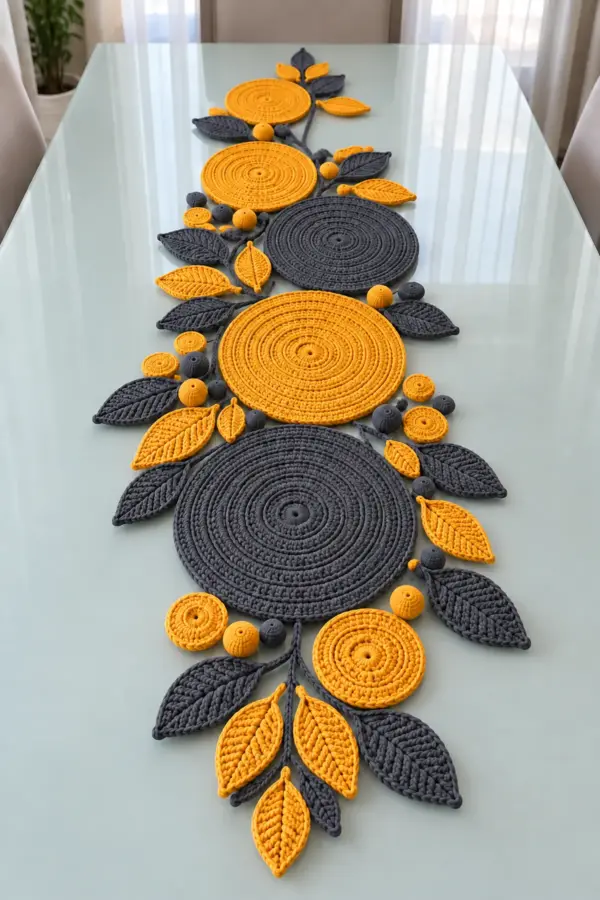 Modern mustard yellow and charcoal gray crochet table runner with six graduated round motifs leaves coins and bobbles