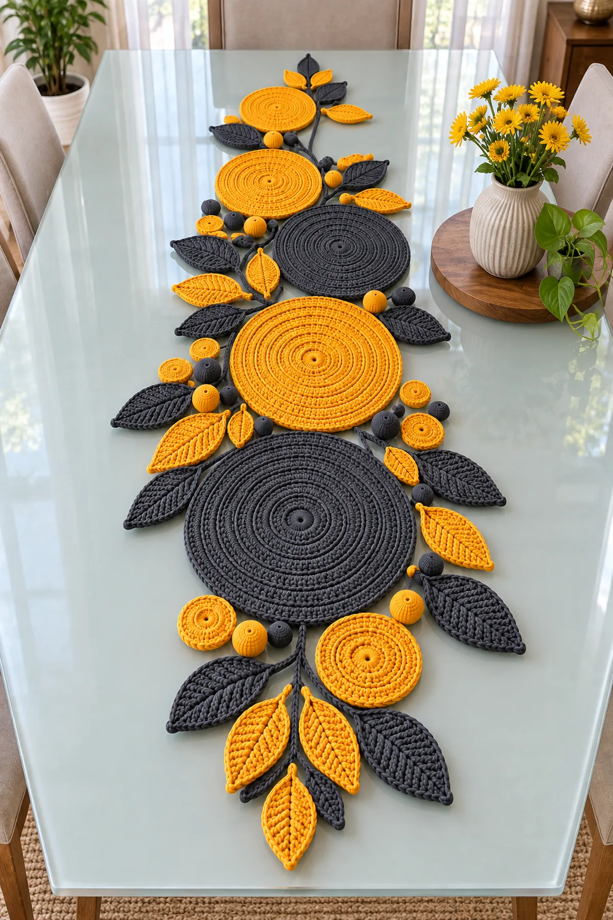 Finished six-disc mustard yellow and gray modern round motif crochet runner on a glass dining table