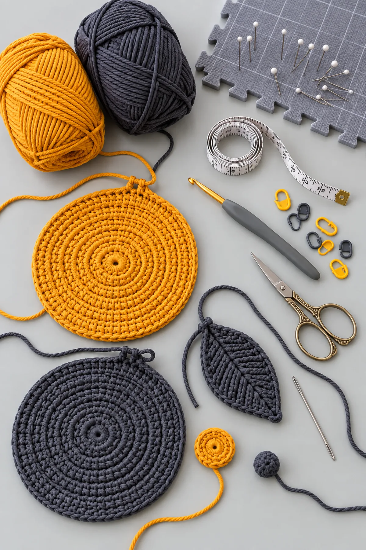 Mustard yellow and charcoal gray cotton yarn with crochet hook markers needle and blocking tools