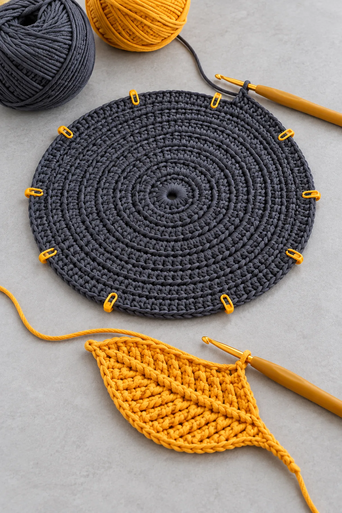 Charcoal flat crochet circle in progress beside a mustard ribbed leaf
