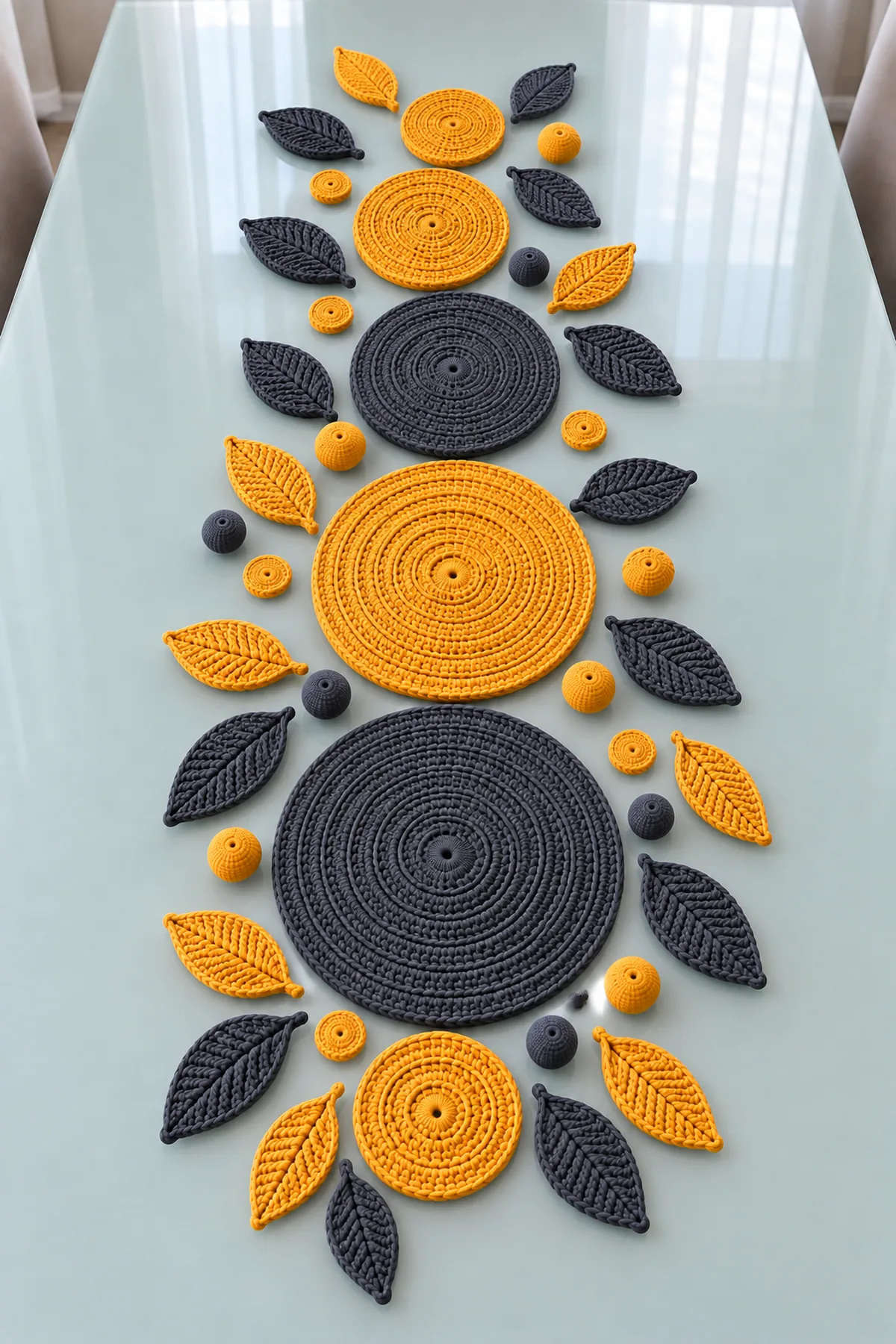 Six mustard and charcoal round motifs arranged in the photographed offset path before botanical edging