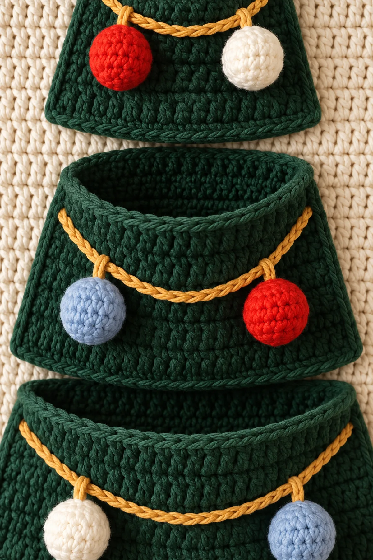 Close view of open forest green crochet pocket gold chain garland and round red and cream ornaments