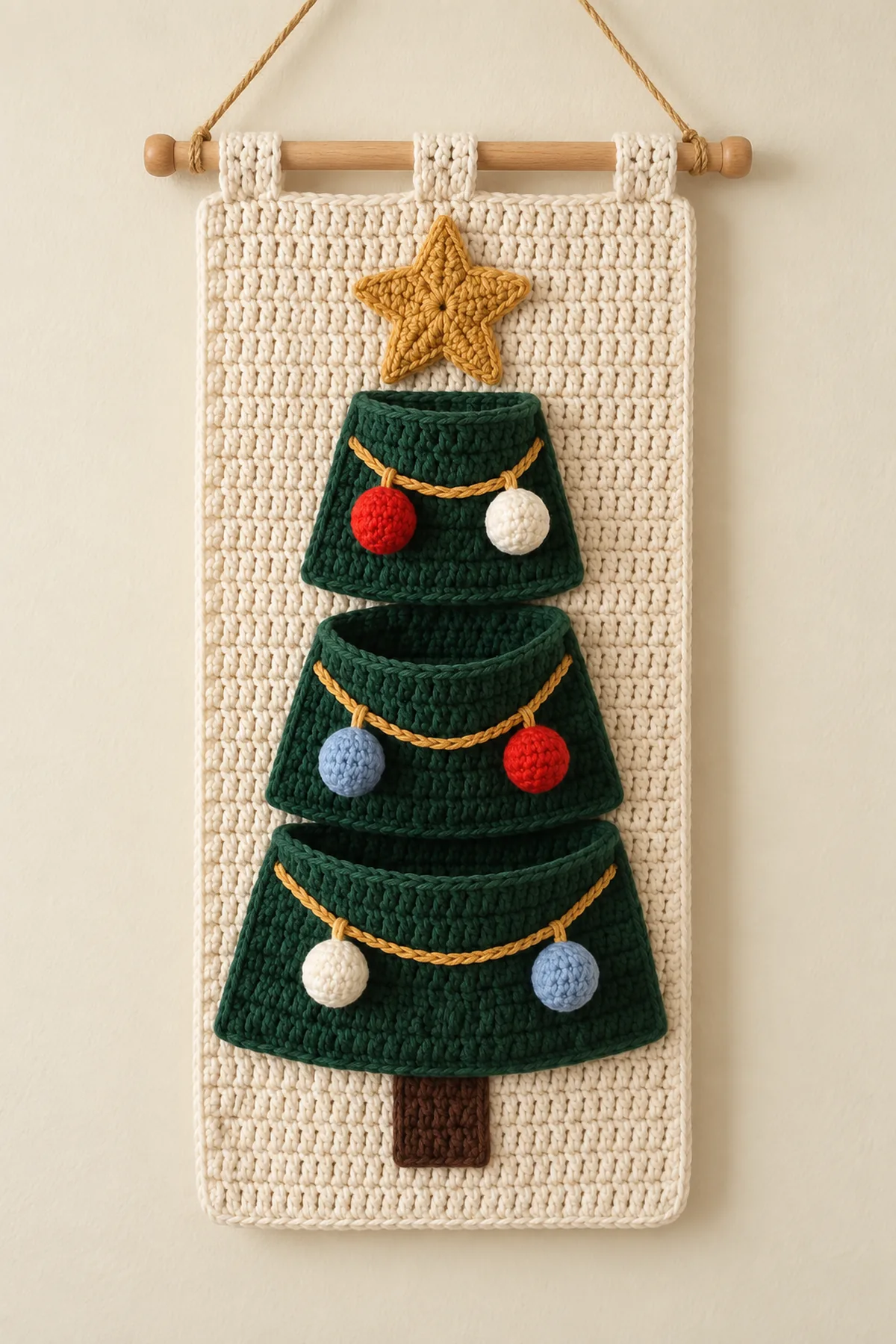 Cream crochet wall hanging with three green Christmas tree pockets gold star six ornaments and brown trunk