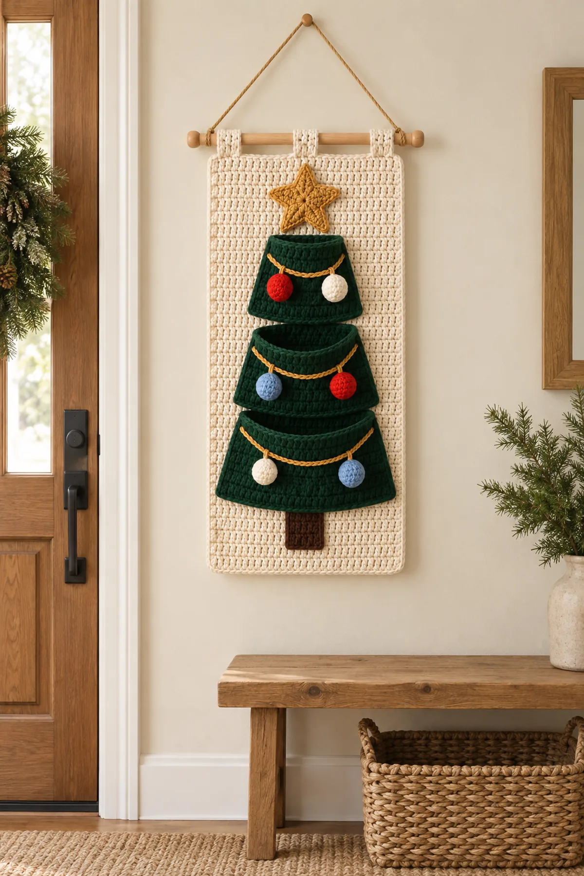 Finished pocket Christmas tree crochet wall hanging displayed on a neutral wall from a wooden dowel