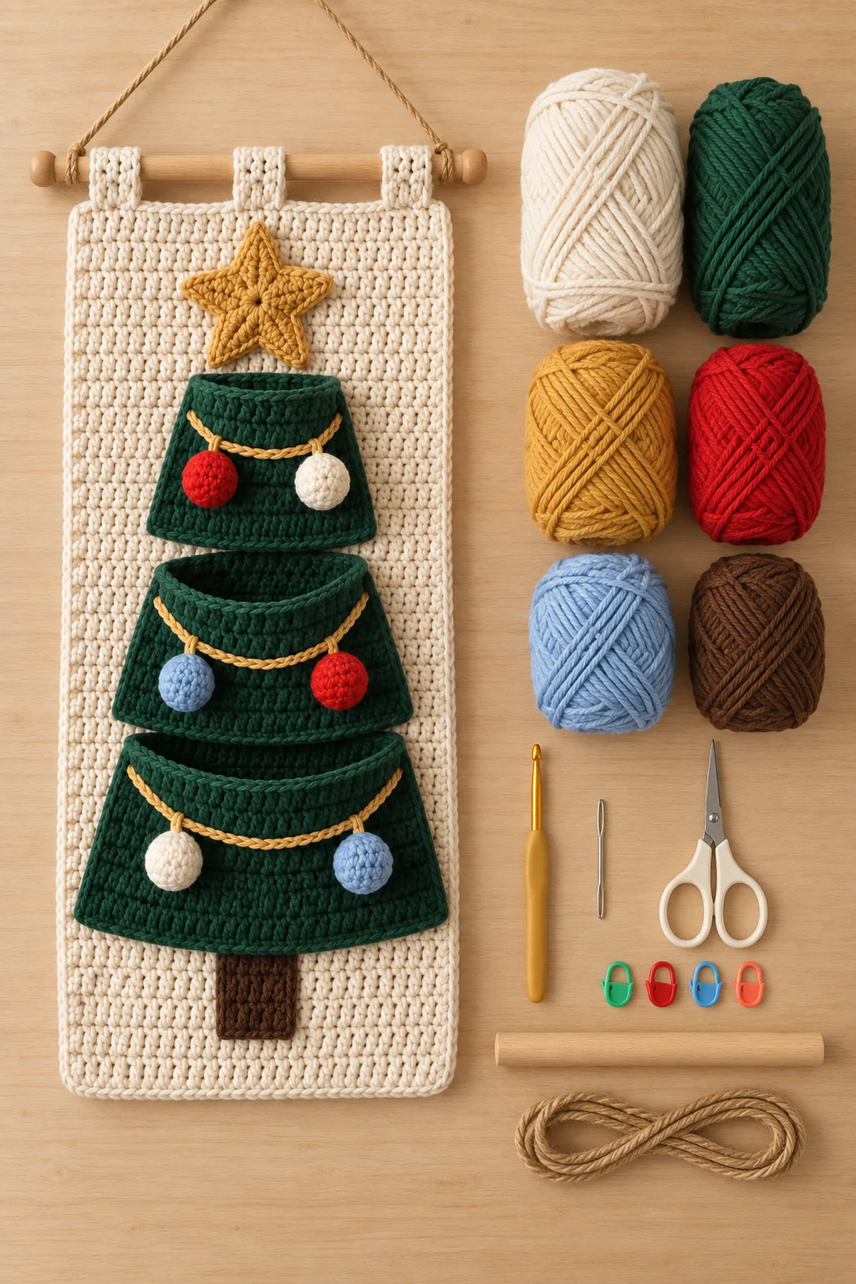 Cream green gold red pale blue and brown yarn with hook wooden dowel jute cord markers needle and scissors