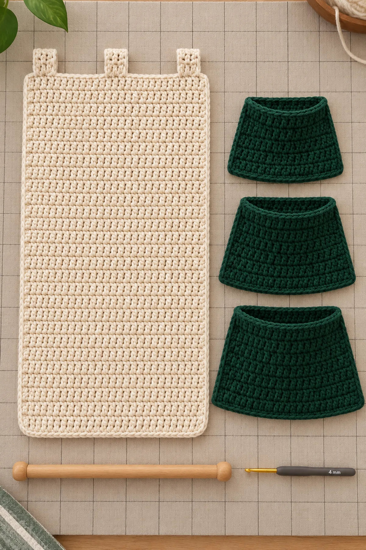 Cream rectangular crochet backing with three top tabs beside three green trapezoid pocket pieces