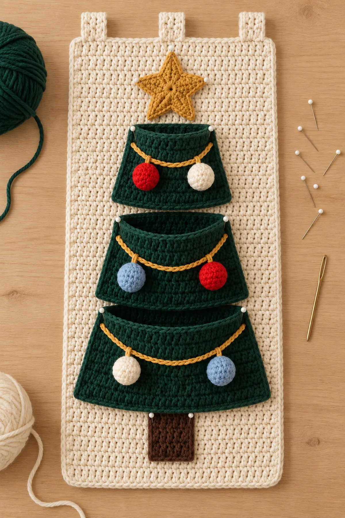 Three green crochet pockets pinned in a Christmas tree stack with star trunk garlands and six ornaments arranged