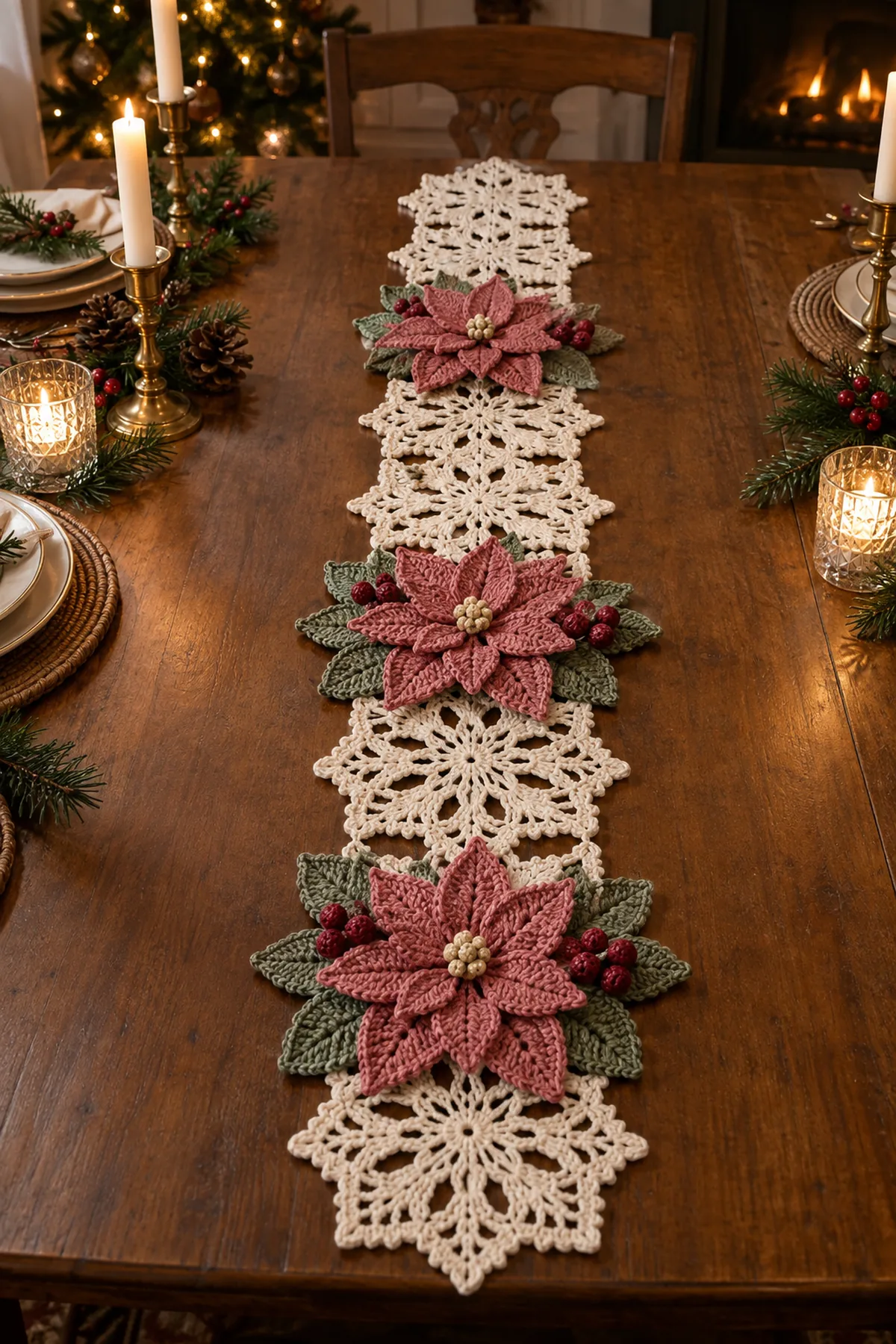 Mixed ivory scalloped lace and snowflakes with three layered dusty rose crochet poinsettias on wooden dining table