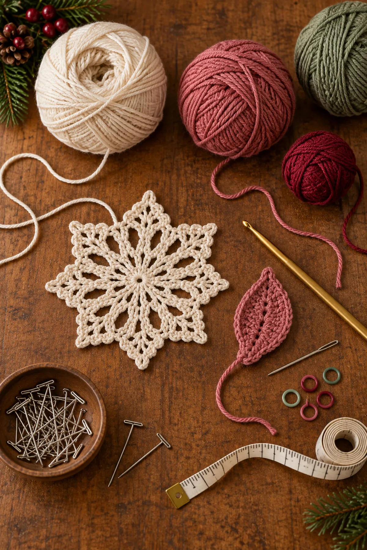 Ivory dusty rose sage and cranberry cotton yarn with crochet hook and blocking tools