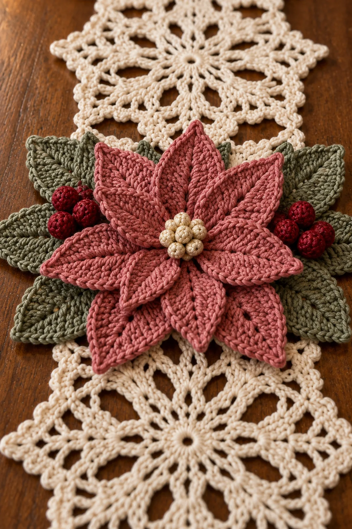 Close view of full pointed-petal dusty rose poinsettia with pearly yarn center sage leaves berries and mixed ivory lace