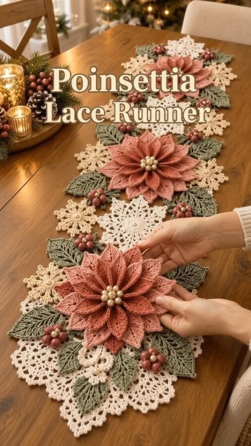 Original poinsettia lace table runner photo supplied by user with title and hands