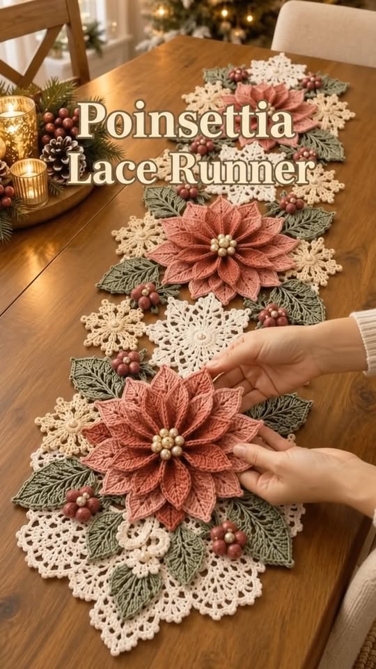 Original poinsettia lace table runner photo supplied by user with title and hands