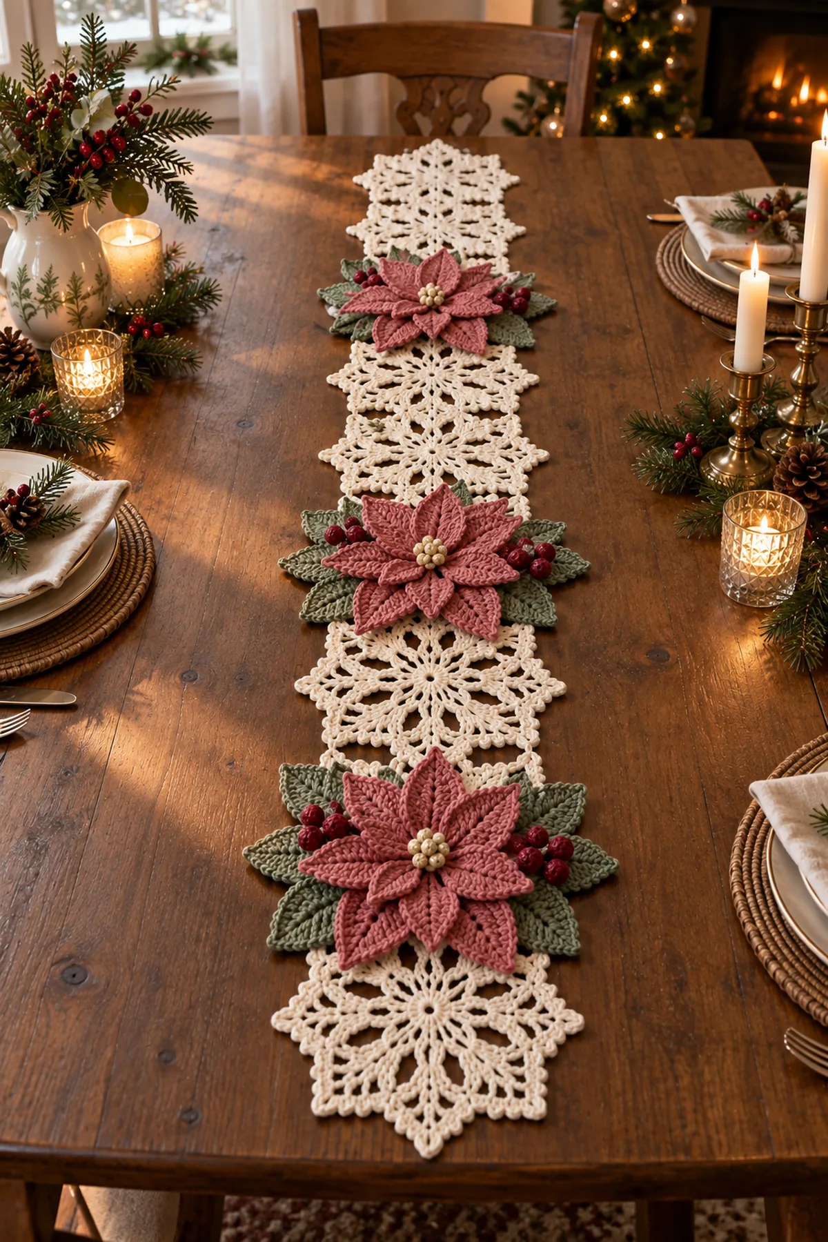 Reference-inspired poinsettia runner with scalloped ivory lace and mixed snowflakes on a wooden Christmas table