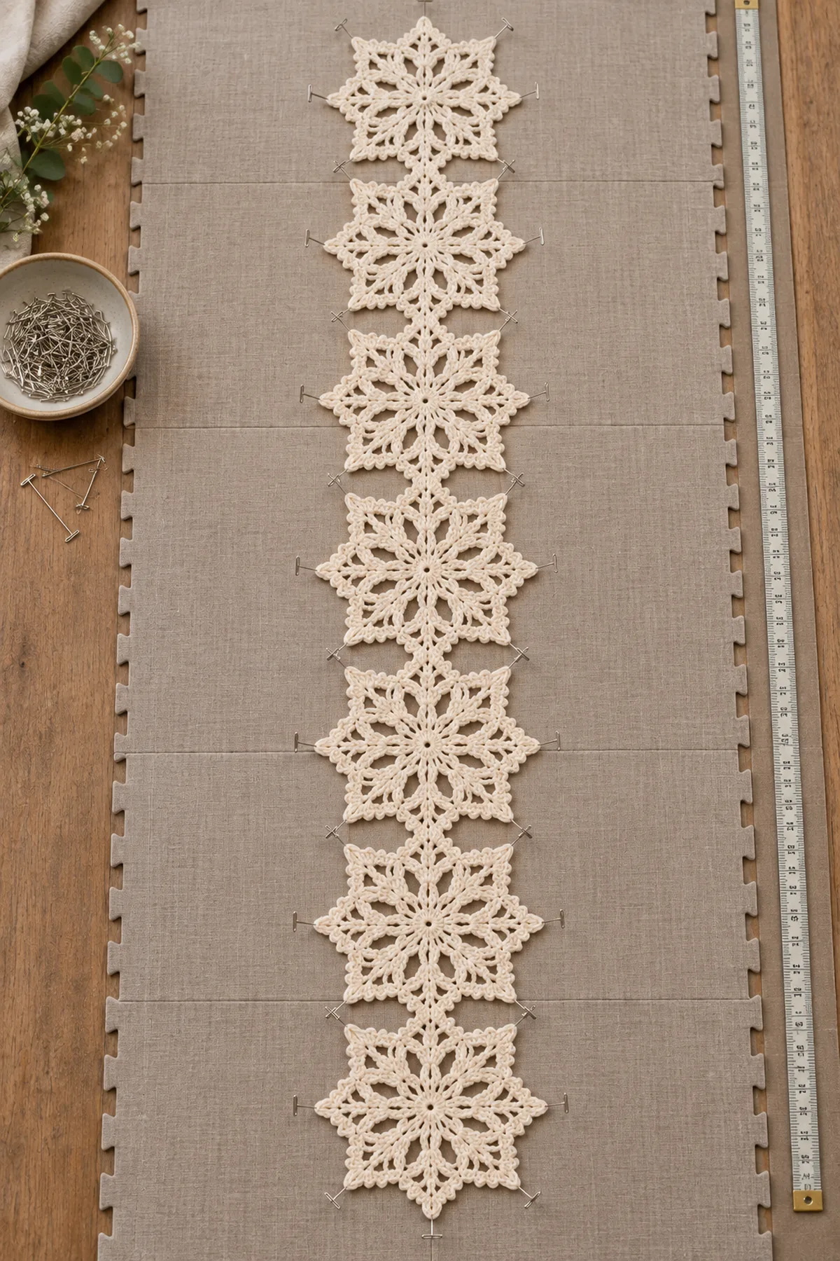 Mixed large scalloped lace foundations and snowflake motifs arranged for assembly before poinsettia flowers