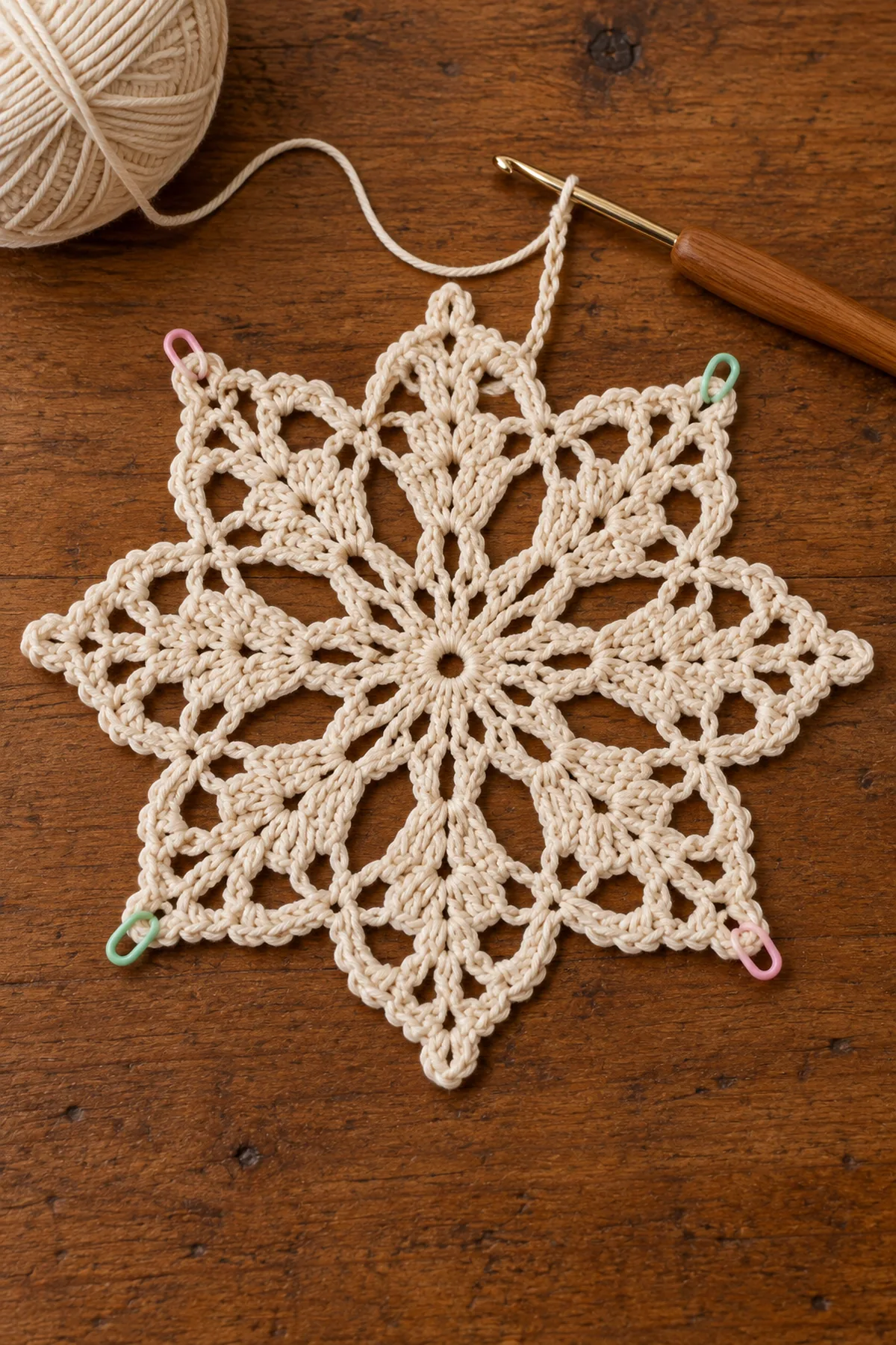 Ivory eight-point crochet snowflake medallion in progress with open chain arches