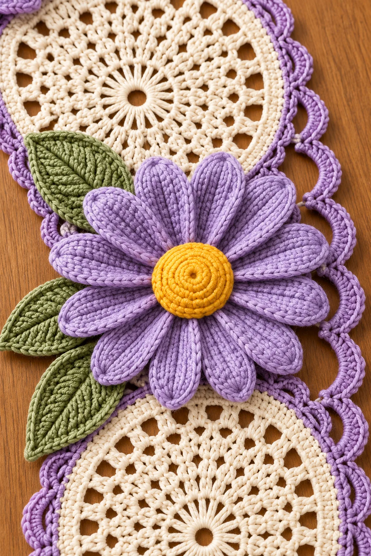 Close view of layered lavender daisy golden center sage ribbed leaf cream fan lace and purple looped edging