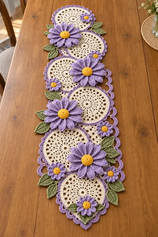 Purple daisy lace crochet table runner with six cream round medallions lavender flowers yellow centers and sage leaves