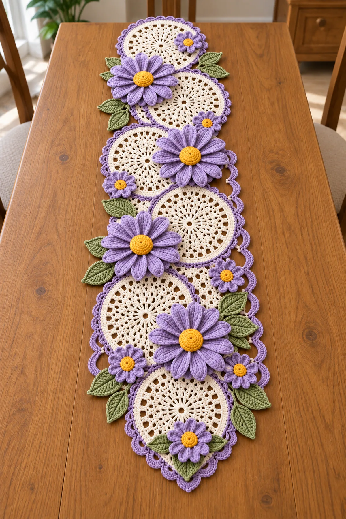 Finished purple daisy lace crochet table runner displayed lengthwise on a warm wooden dining table