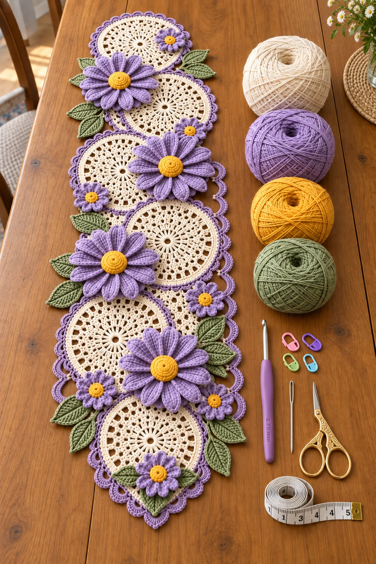 Cream lavender golden yellow and sage cotton yarn with hook markers needle scissors and blocking tools