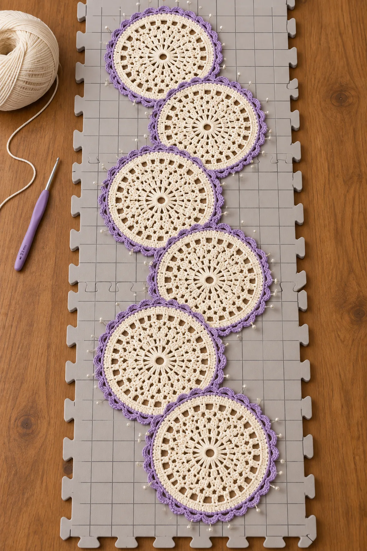 Cream circular crochet lace medallions with lavender scalloped accent rounds