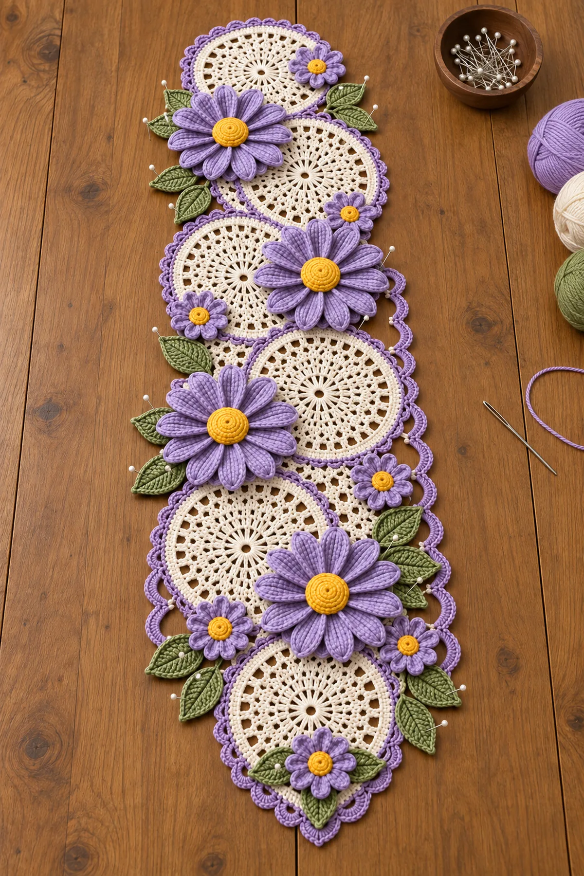 Six cream lace rounds overlapped in an alternating chain with purple daisies and sage leaves arranged for sewing