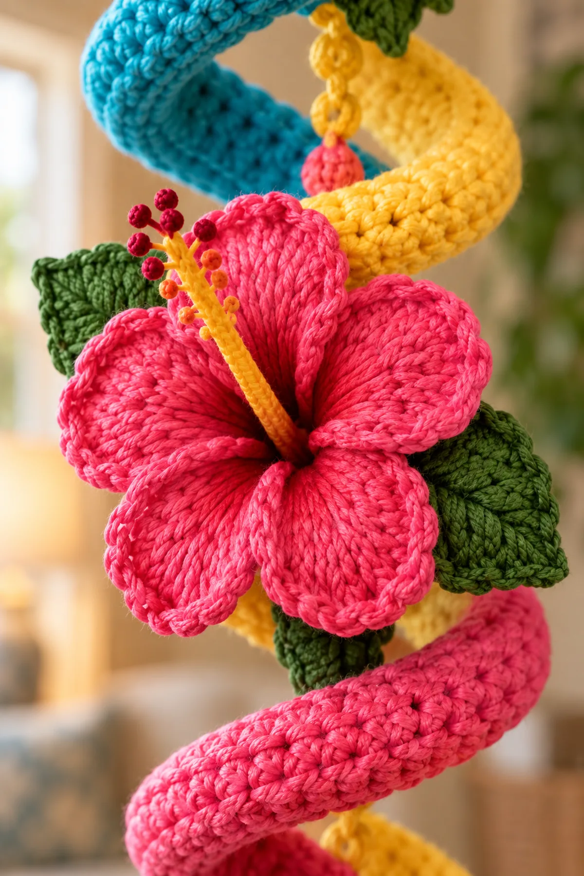 Dimensional pink five-petal crochet hibiscus with yellow stamen and green leaves